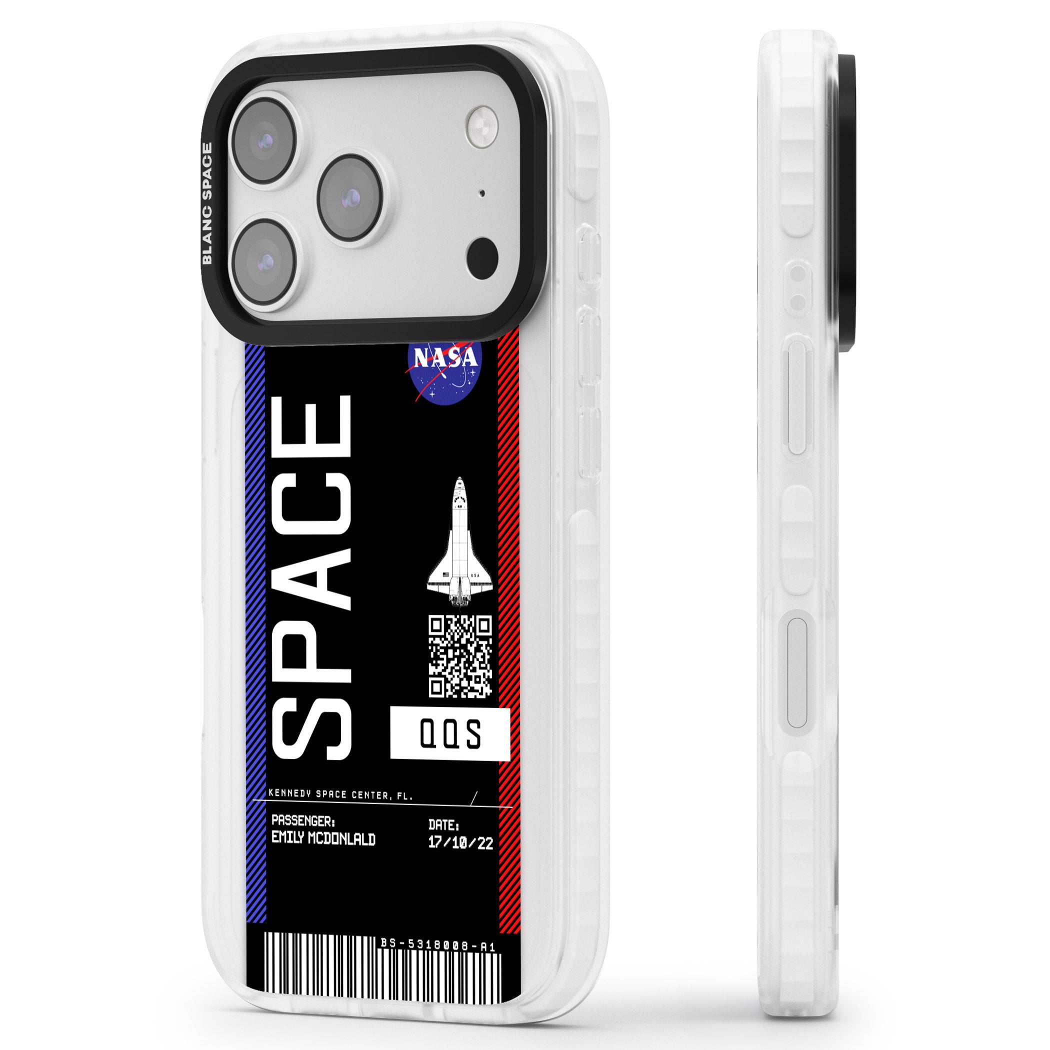 Personalised Nasa Boarding Pass (Dark) iPhone 17 Pro Impact Clear Phone Case Side Profile