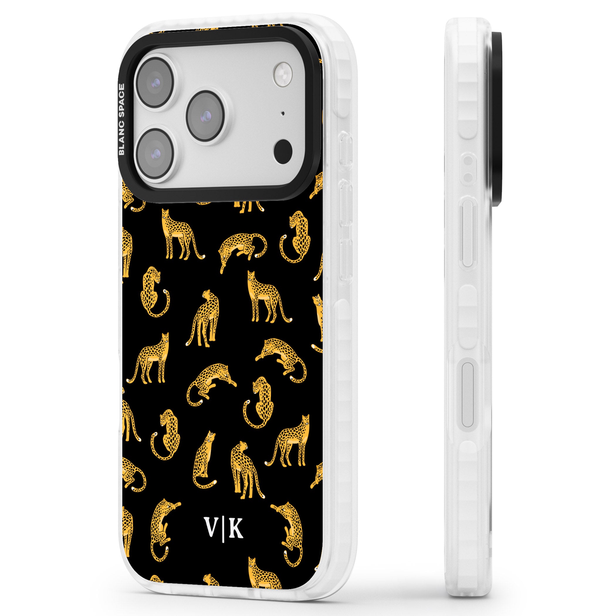 Personalised Gold Cheetah Pattern iPhone 17 Pro Impact Clear Phone Case Side Profile