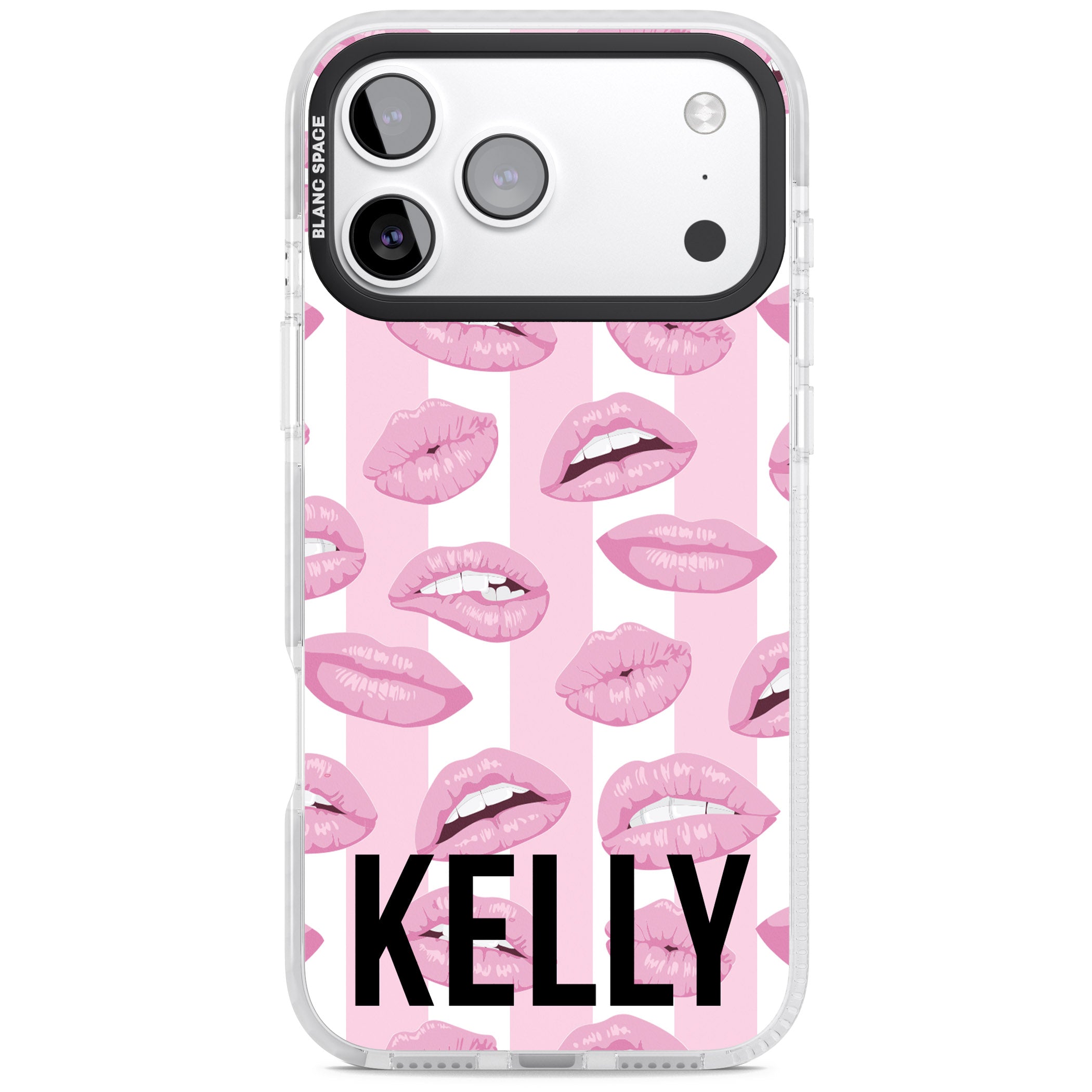 Personalised Pink Stripes & Lips iPhone 17 Pro Impact Clear Phone Case