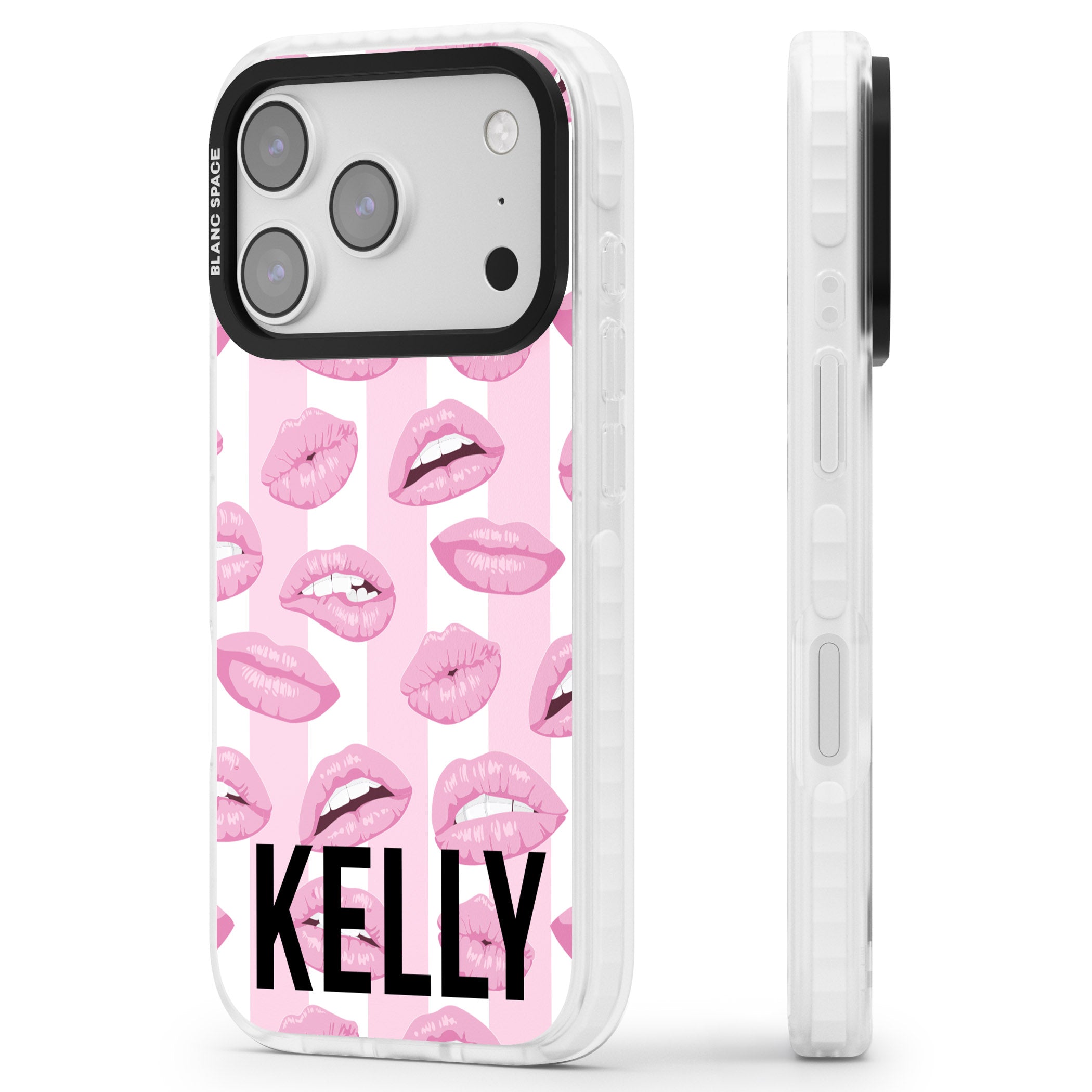 Personalised Pink Stripes & Lips iPhone 17 Pro Impact Clear Phone Case Side Profile