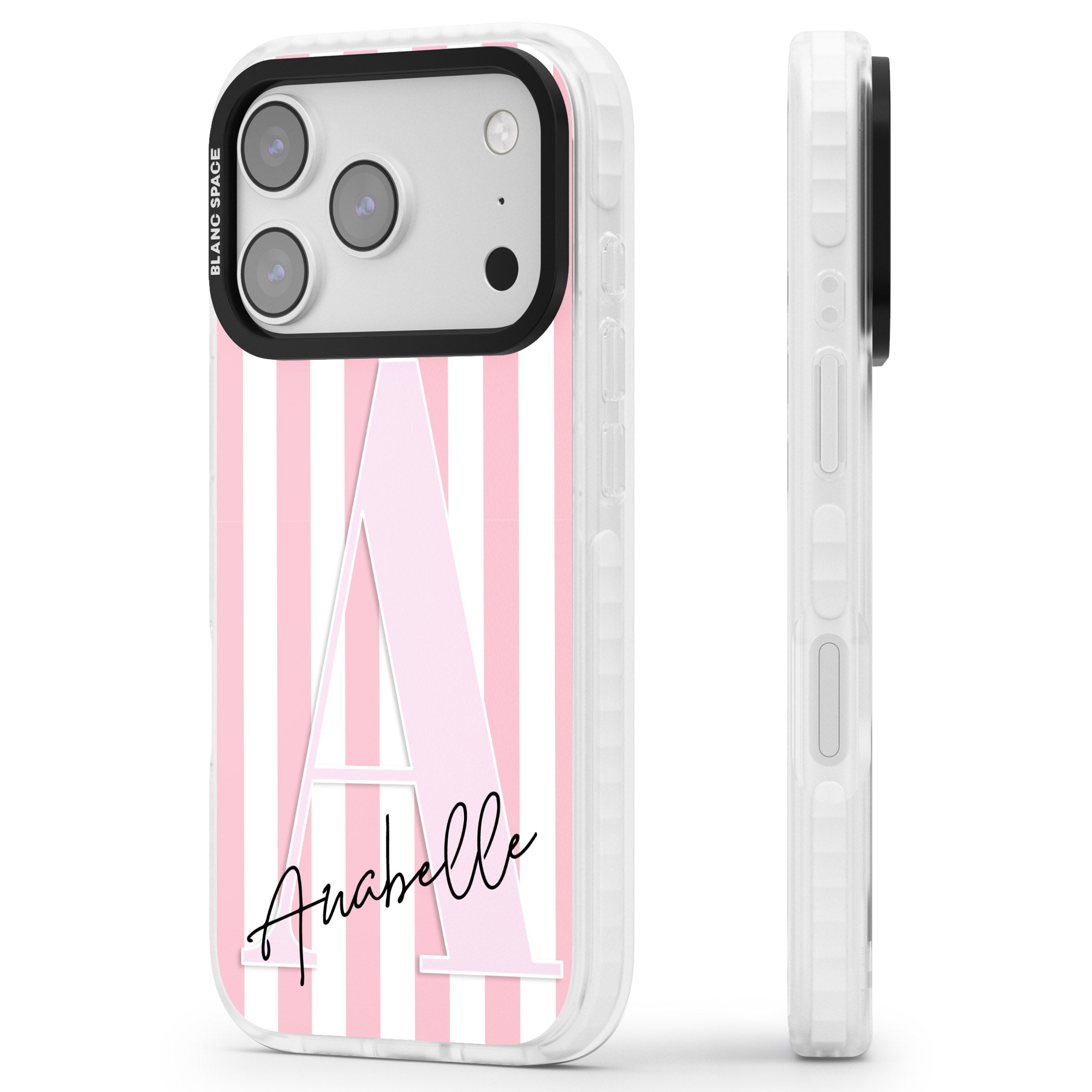 Personalised Pink Stripes & Monogram iPhone 17 Pro Impact Clear Phone Case Side Profile