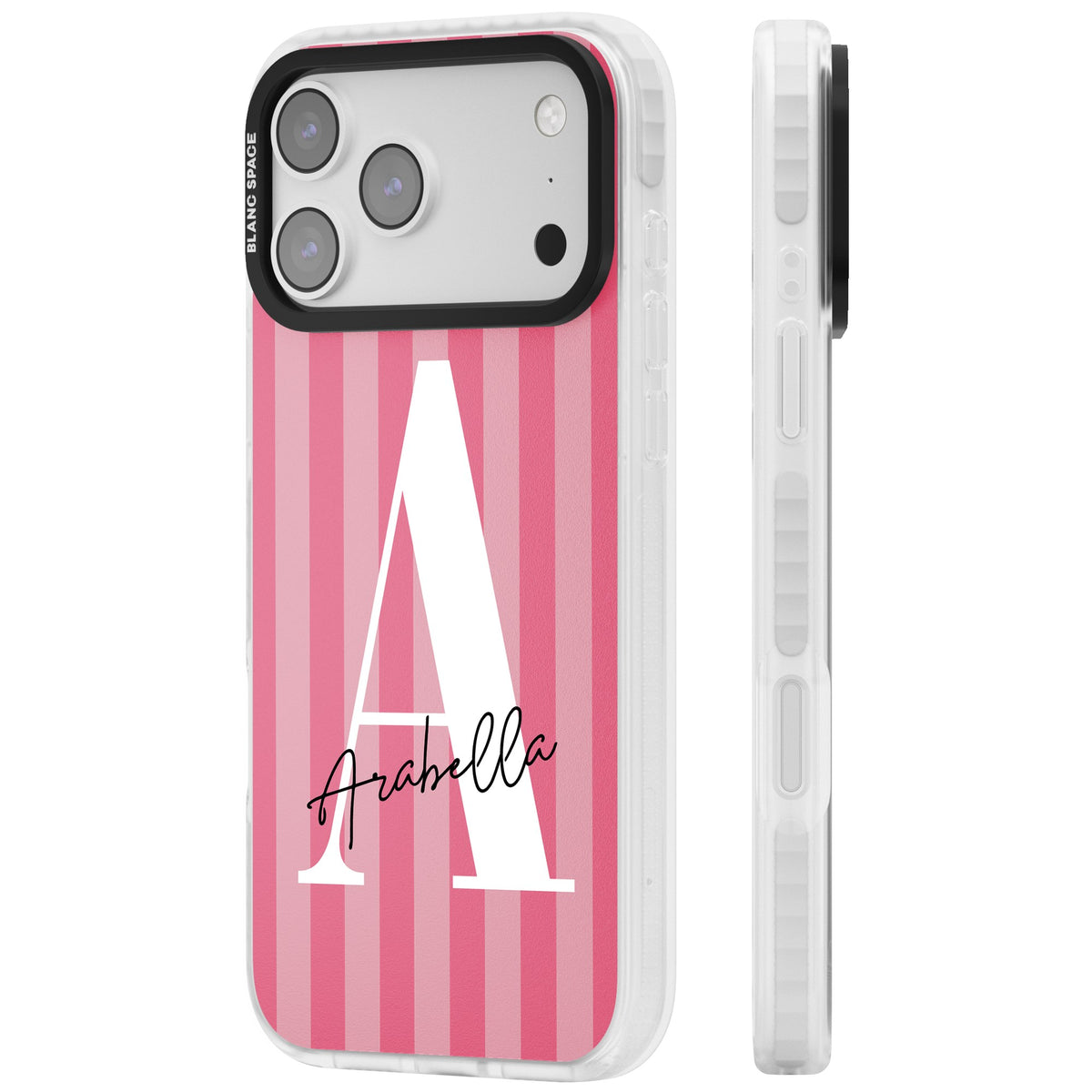 Personalised Pink Stripes iPhone 17 Pro Max Impact Clear Phone Case side