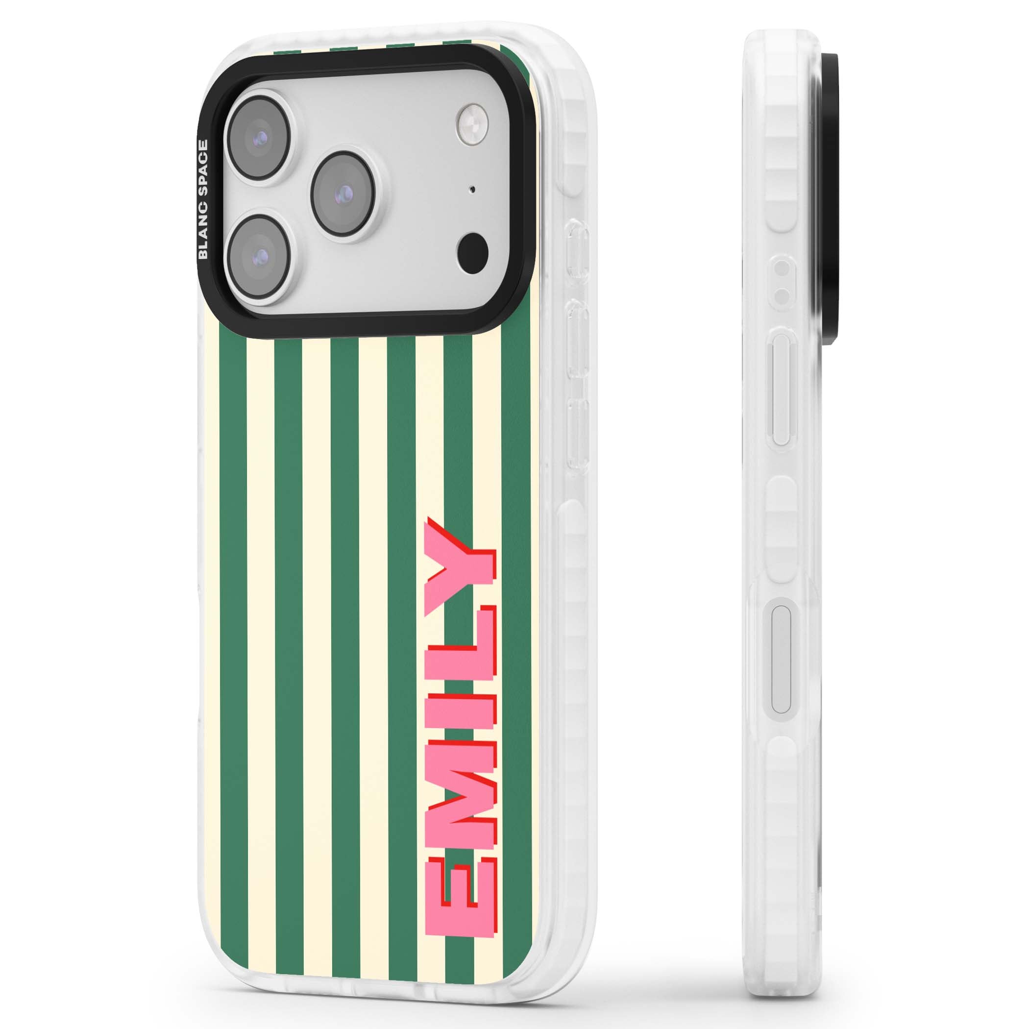 Wimbledon Stripe preppy iPhone case featuring green and cream vertical stripes with a personalised pink name | Black Impact case for iPhone 17 Pro, iPhone 17 Pro Max