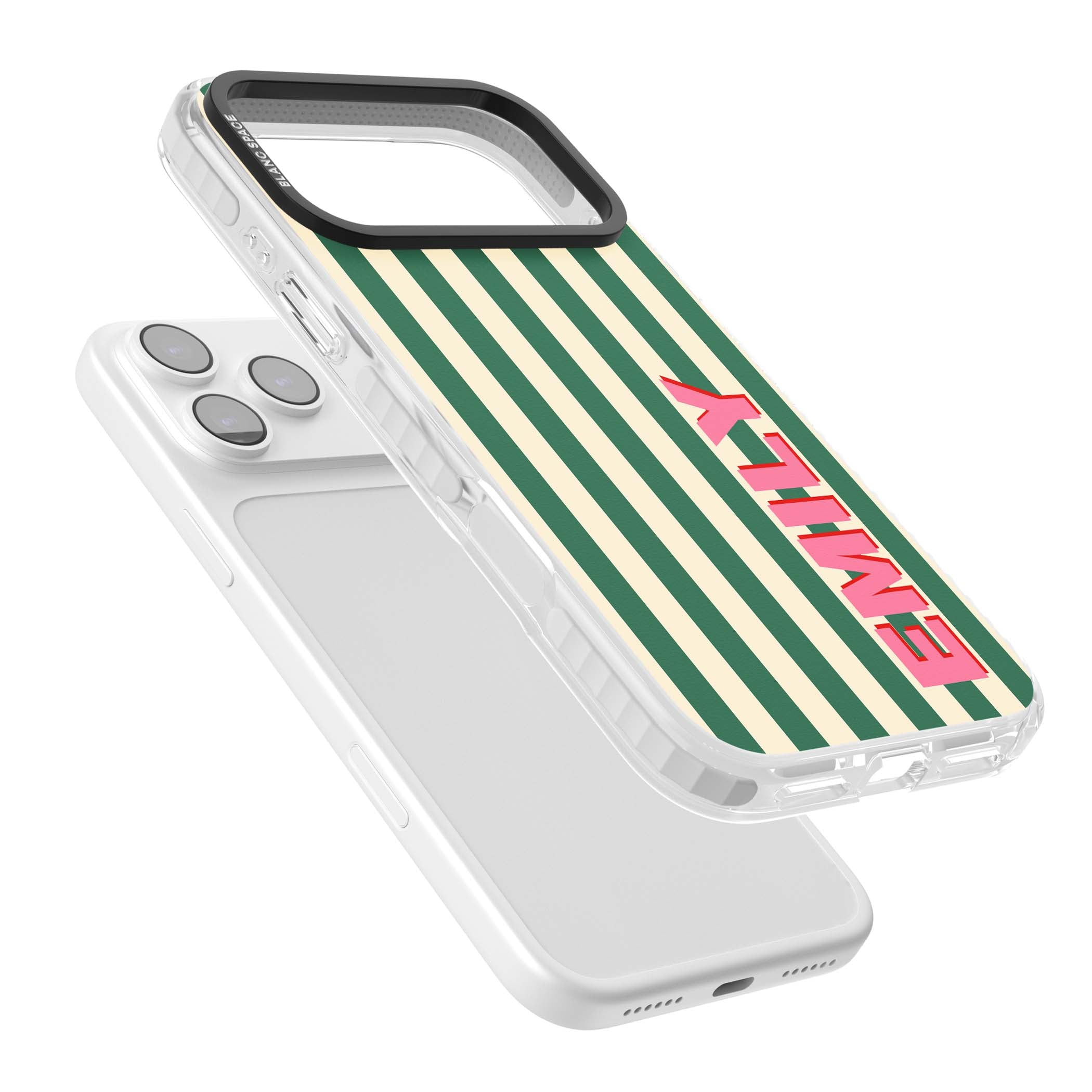 Wimbledon Stripe preppy iPhone case featuring green and cream vertical stripes with a personalised pink name | Black Impact case for iPhone 17 Pro, iPhone 17 Pro Max