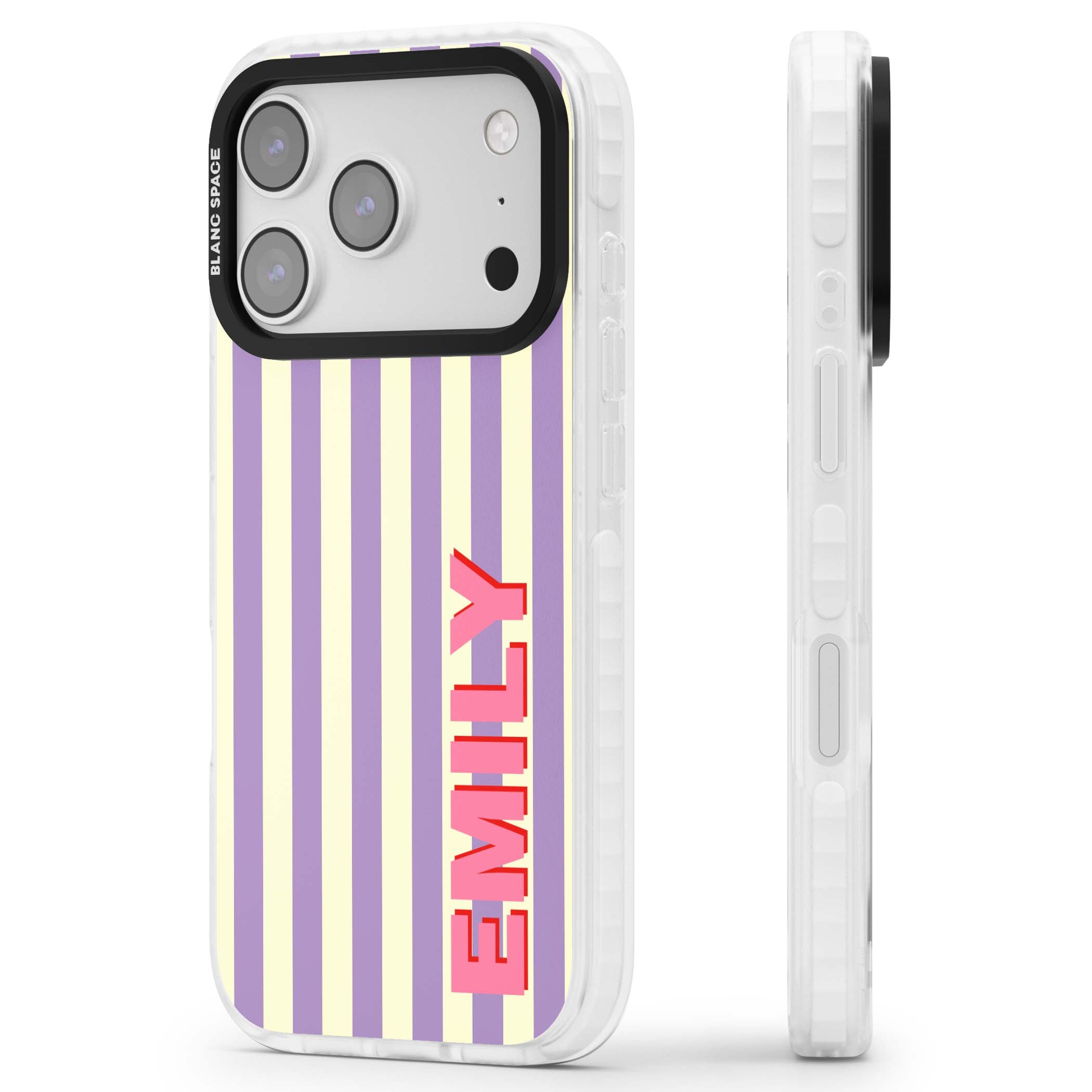 Valensole Stripe personalised iPhone case with purple and cream vertical stripes and pink custom name | Black Impact case for iPhone 17 Pro, iPhone 17 Pro Max