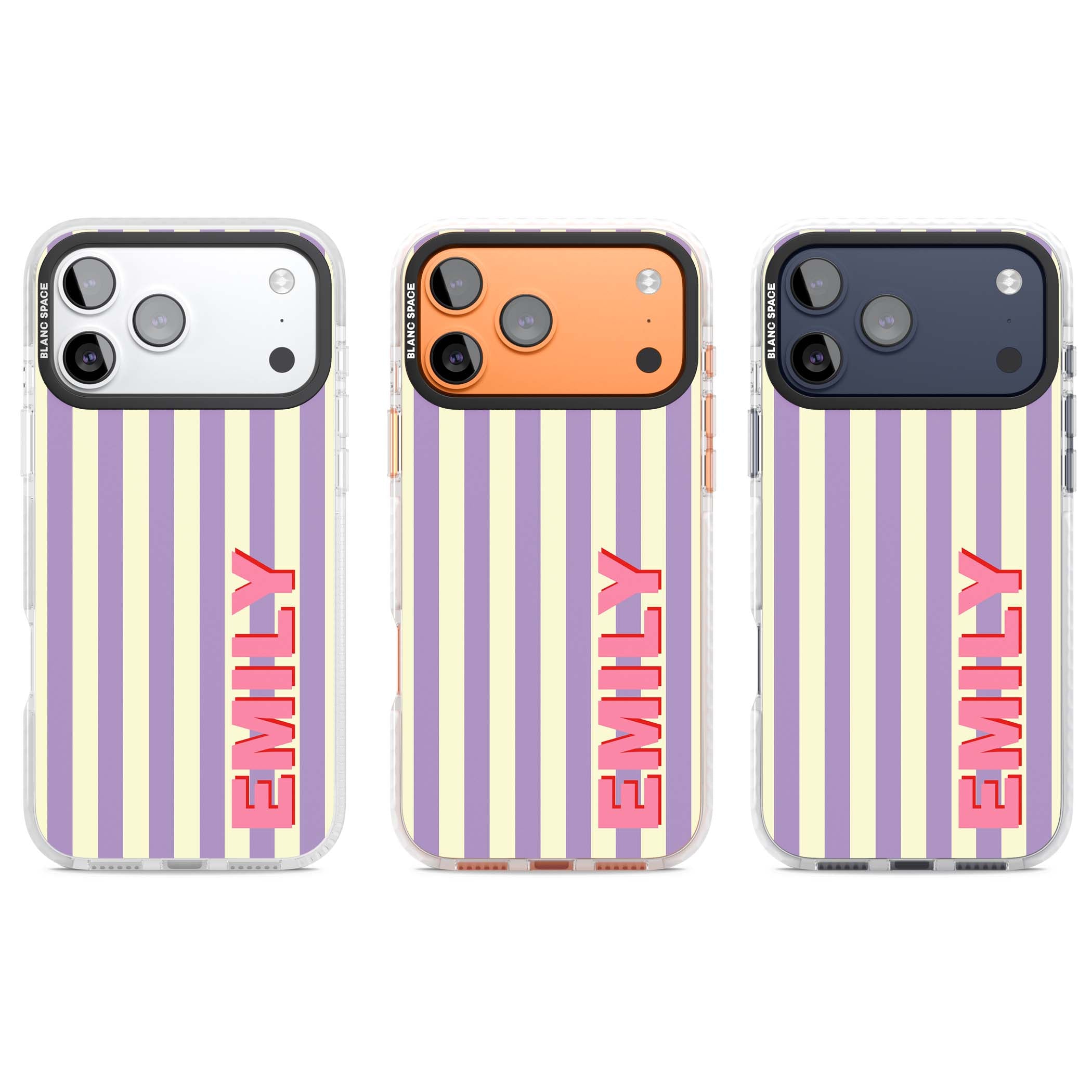 Valensole Stripe personalised iPhone case with purple and cream vertical stripes and pink custom name | Black Impact case for iPhone 17 Pro, iPhone 17 Pro Max