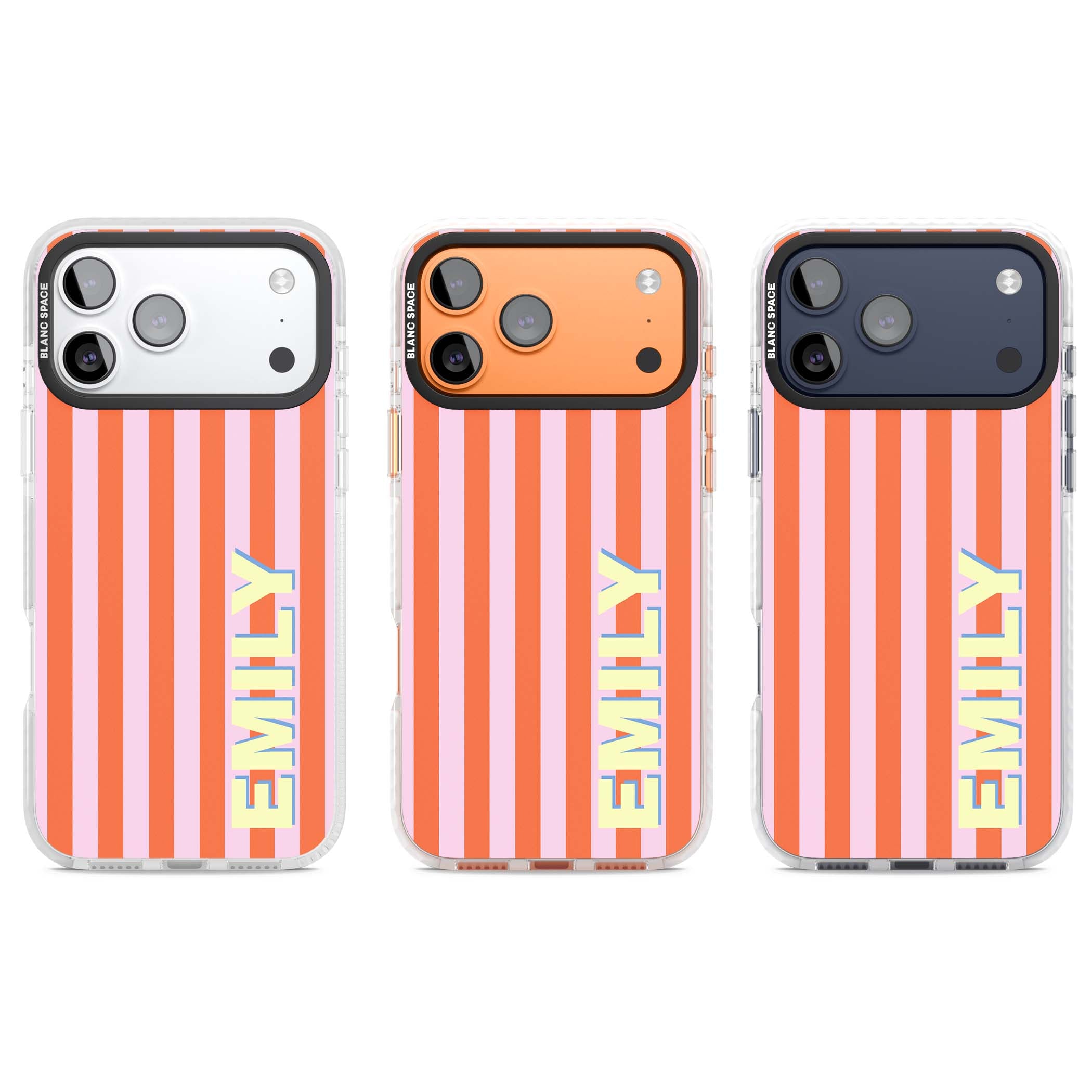 Havana Stripe personalised iPhone case featuring pink and orange vertical stripes with a custom yellow name | Black Impact case for iPhone 17 Pro, iPhone 17 Pro Max