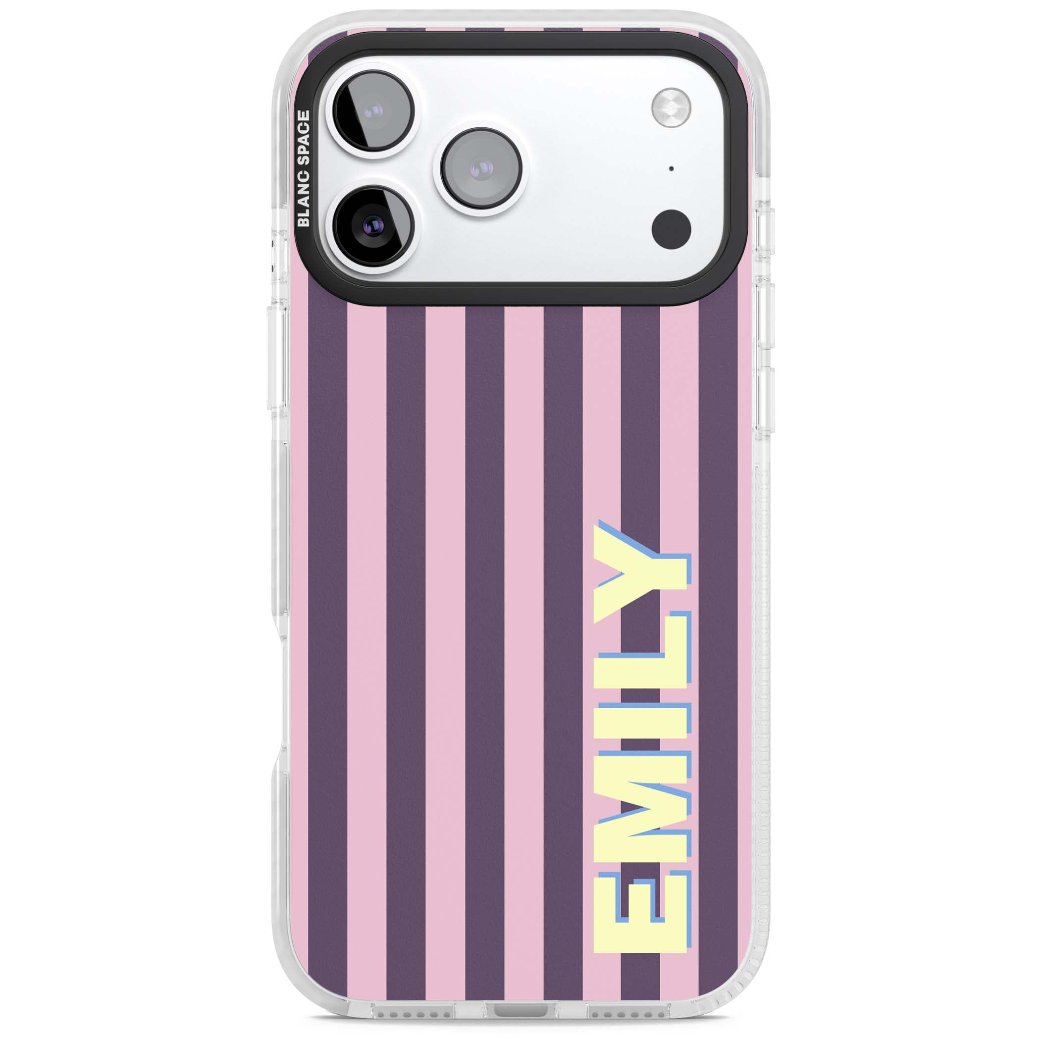 Tyre Stripe personalised stripe iPhone case with plum and pink vertical stripes and custom yellow name | Black Impact case for iPhone 17 Pro, iPhone 17 Pro Max