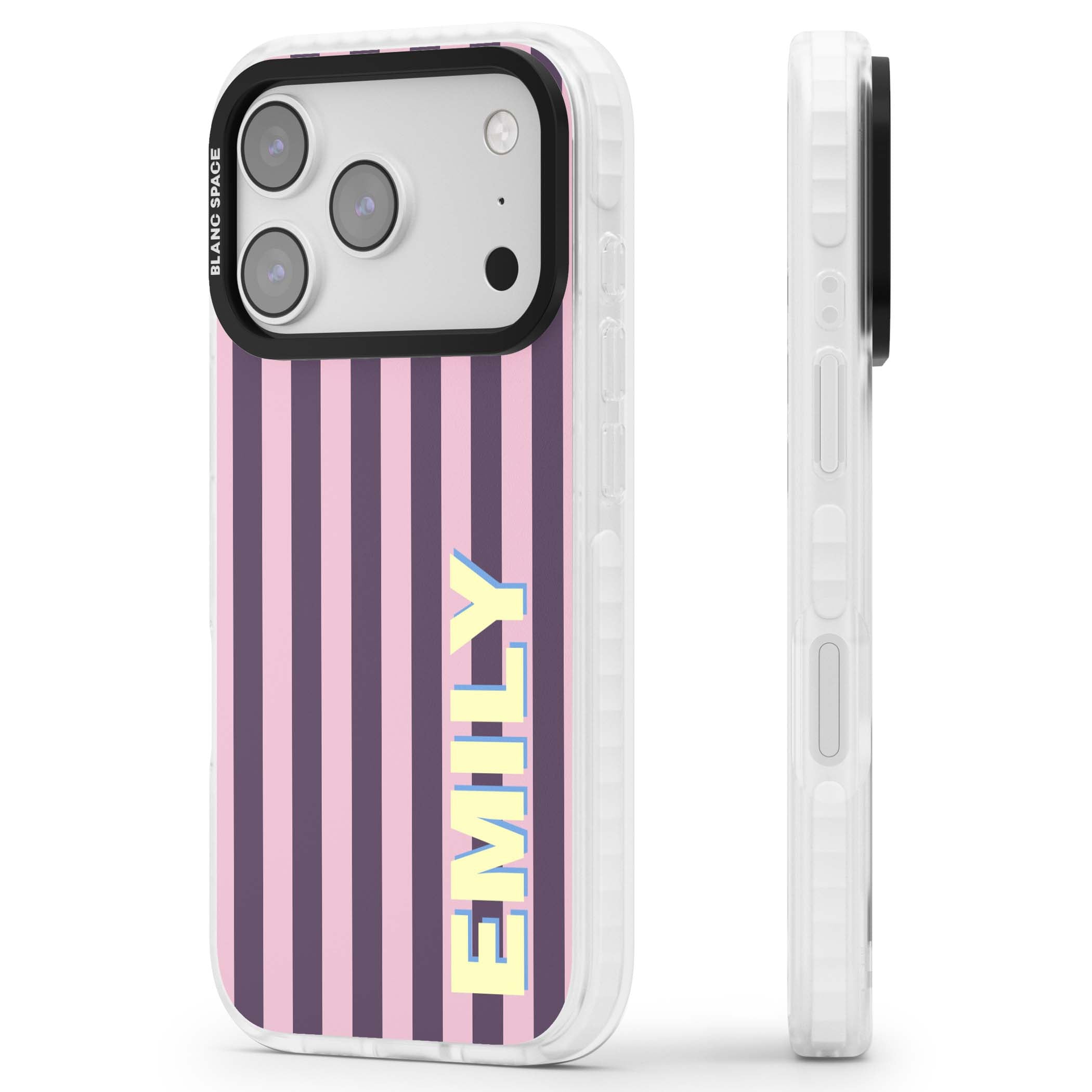 Tyre Stripe personalised stripe iPhone case with plum and pink vertical stripes and custom yellow name | Black Impact case for iPhone 17 Pro, iPhone 17 Pro Max