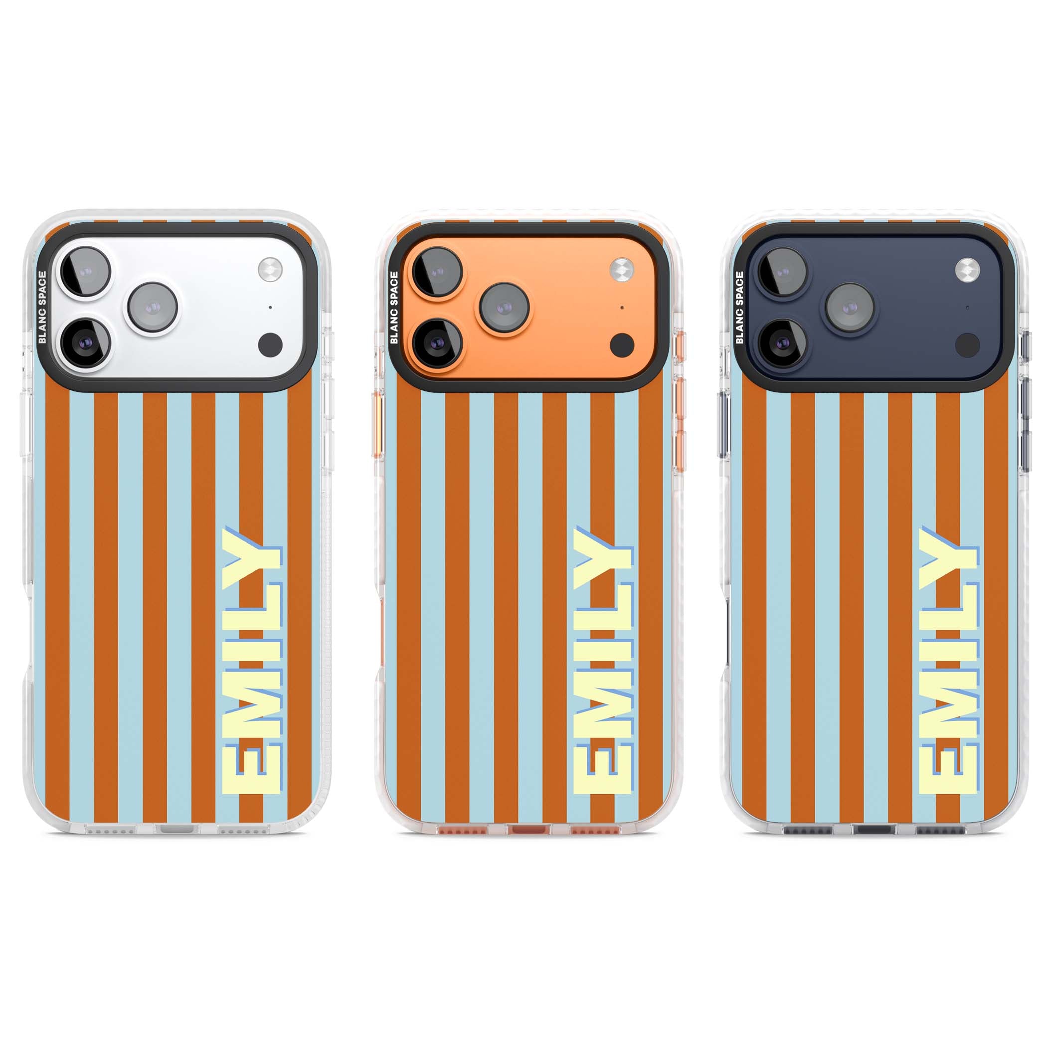 Cappadocia Stripe personalised coastal iPhone case featuring blue and orange vertical stripes with custom cream name | Black Impact case for iPhone 17 Pro, iPhone 17 Pro Max