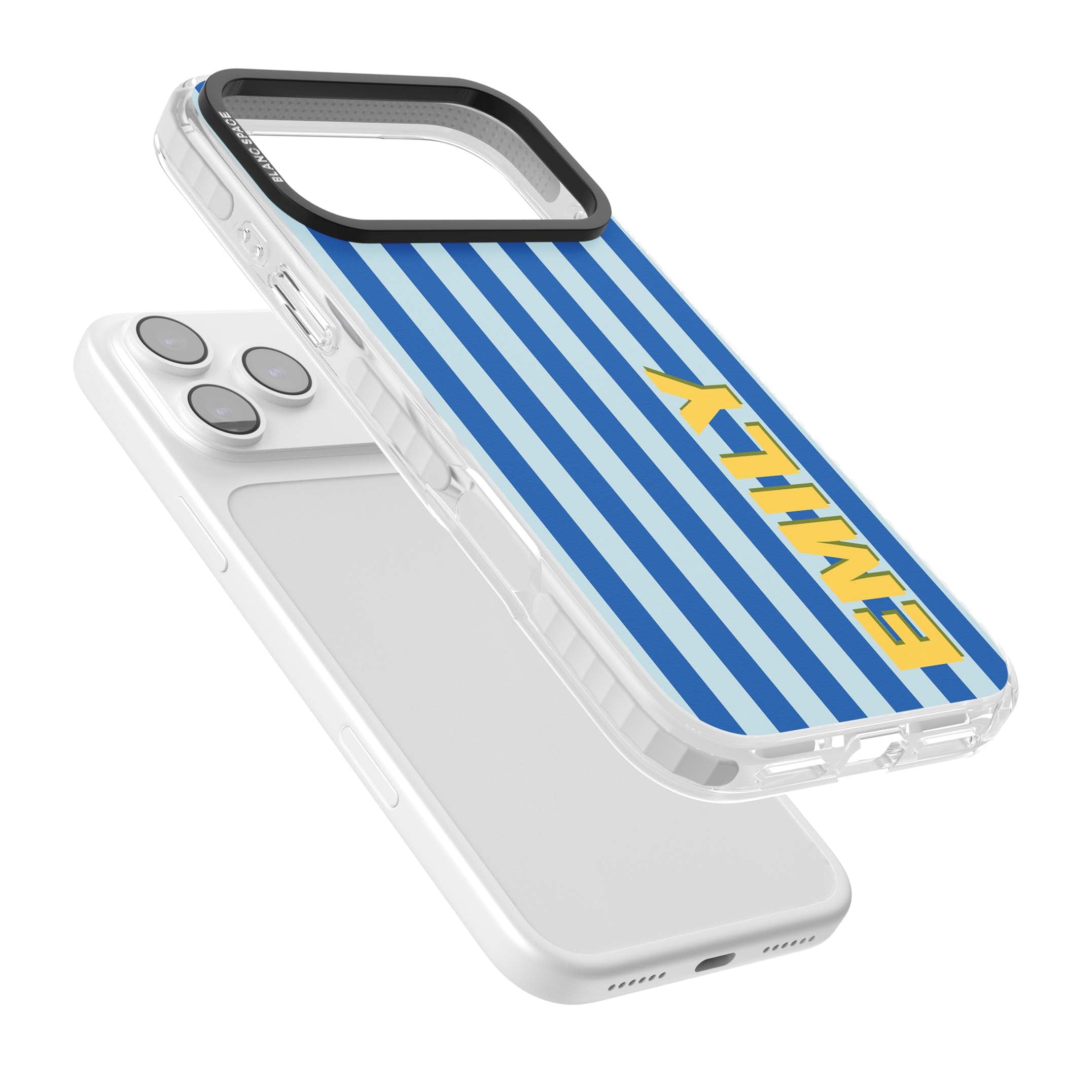 Athenian Stripe personalised preppy iPhone case featuring blue vertical stripes and a custom yellow name | Black Impact case for iPhone 17 Pro, iPhone 17 Pro Max
