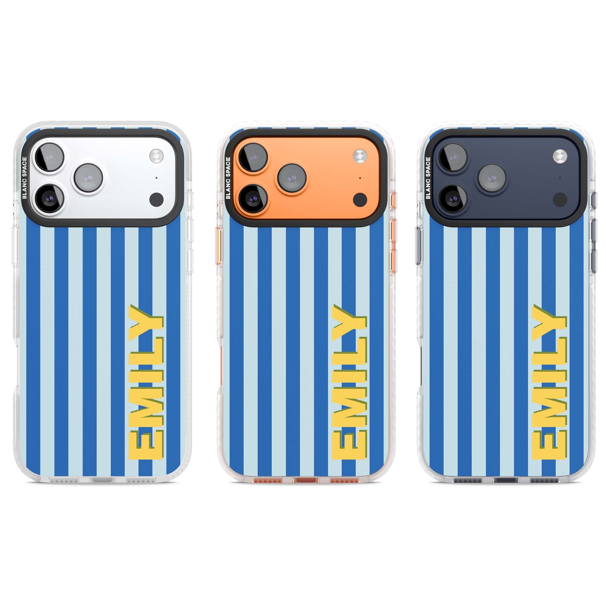 Athenian Stripe personalised preppy iPhone case featuring blue vertical stripes and a custom yellow name | Black Impact case for iPhone 17 Pro, iPhone 17 Pro Max