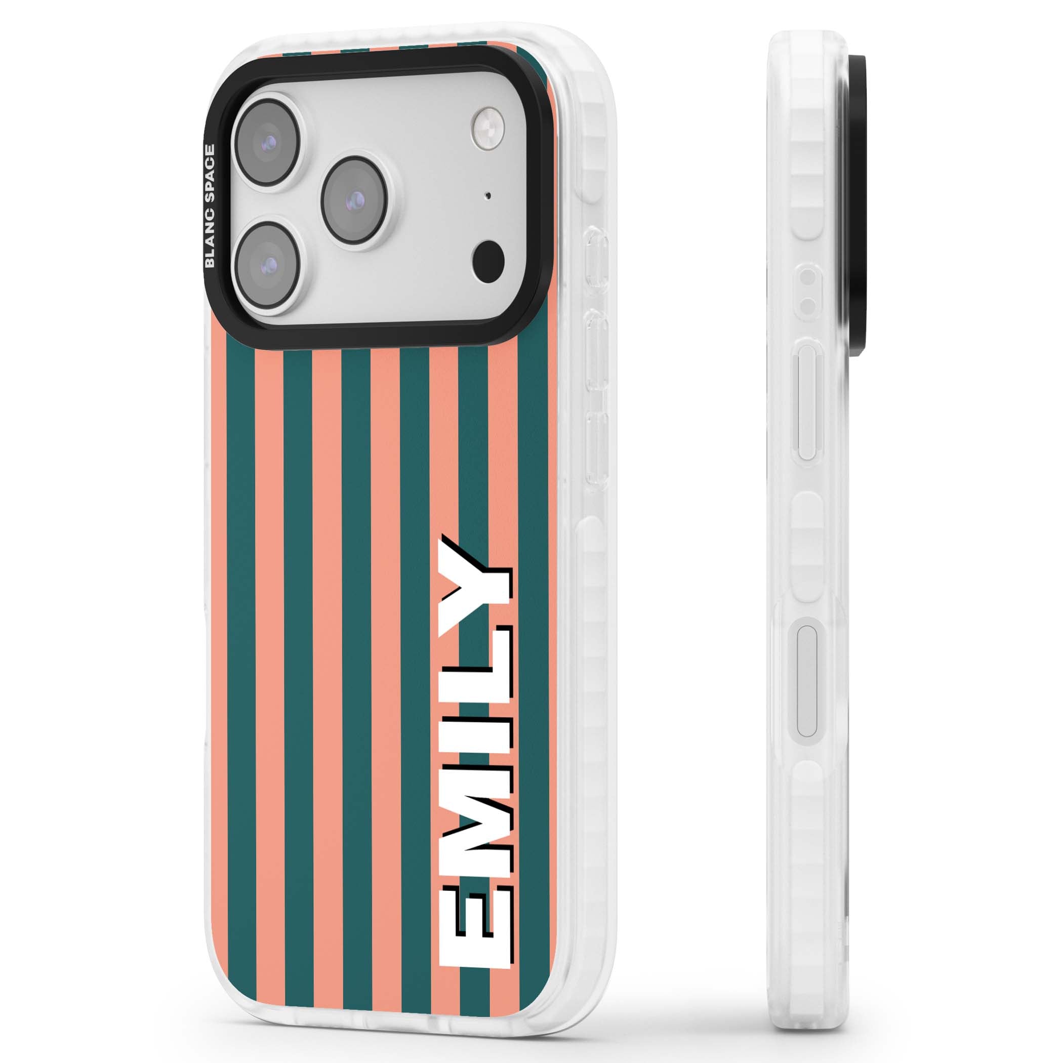 Tuscan Stripe personalised iPhone case featuring coral and green vertical stripes with bold custom name | Black Impact case for iPhone 17 Pro, iPhone 17 Pro Max