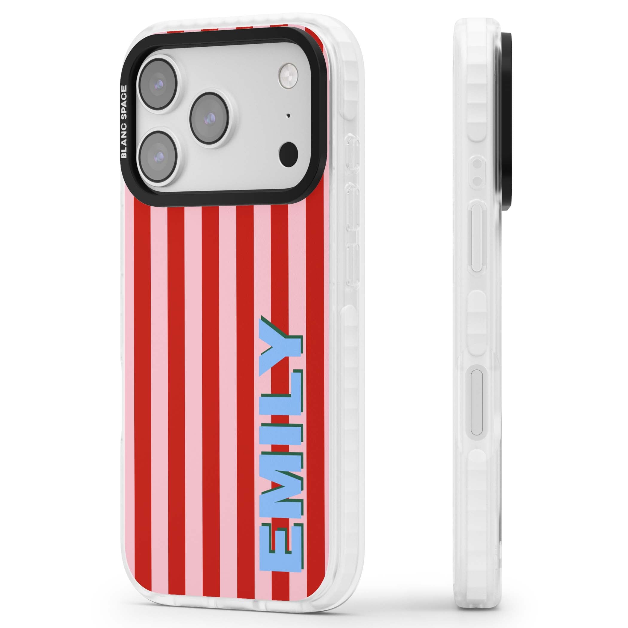 Market Stripe personalised iPhone case with red and pink vertical stripes and custom blue name | Black Impact case for iPhone 17 Pro, iPhone 17 Pro Max