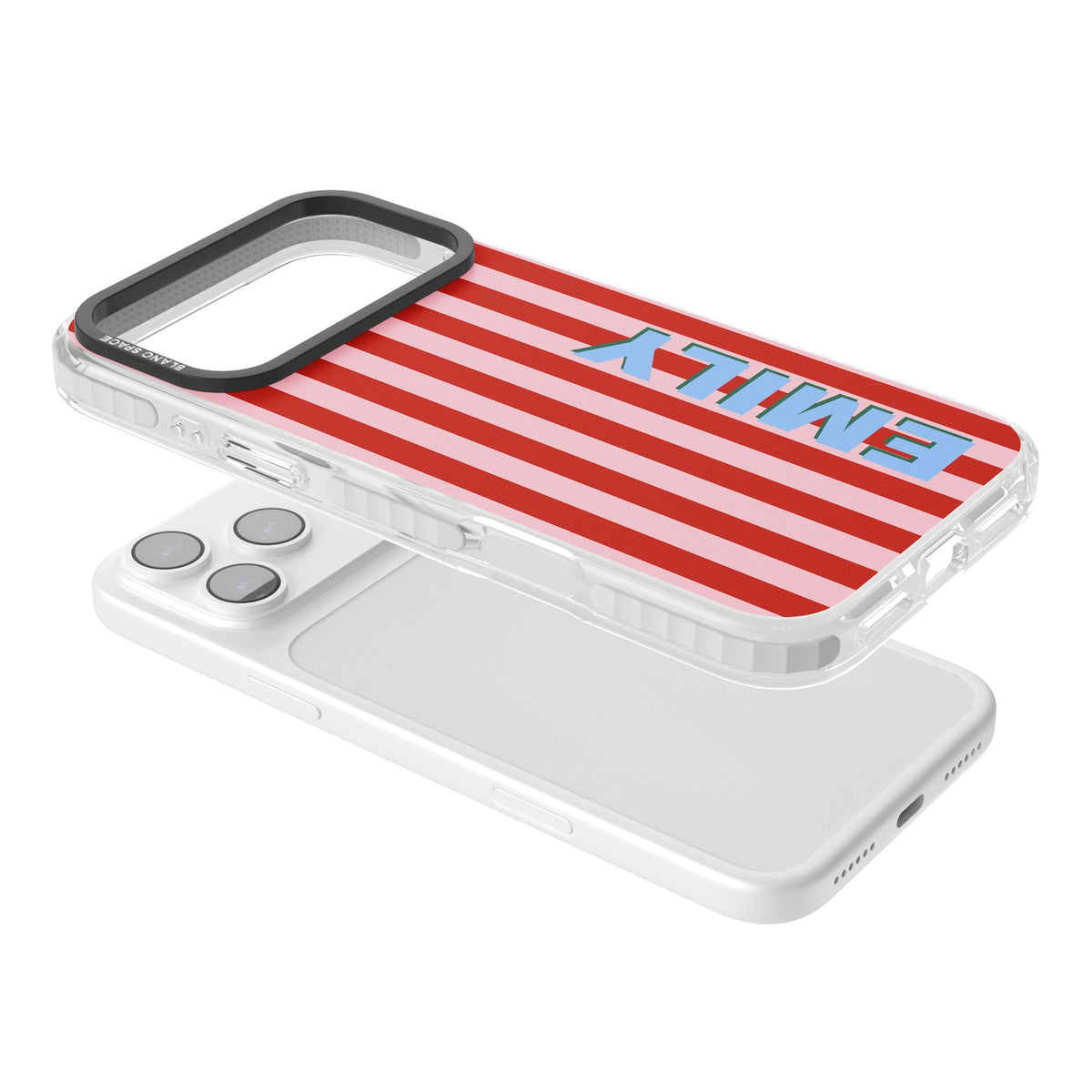 Personalised Market Stripe iPhone 17 Pro Max Impact Clear Phone Case angled