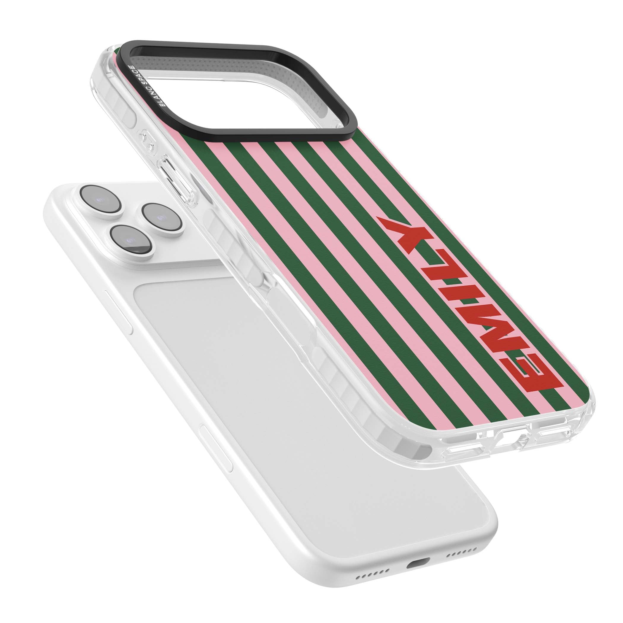 Italian Stripe preppy iPhone case featuring pink and green vertical stripes with personalised red name | Black Impact case for iPhone 17 Pro, iPhone 17 Pro Max