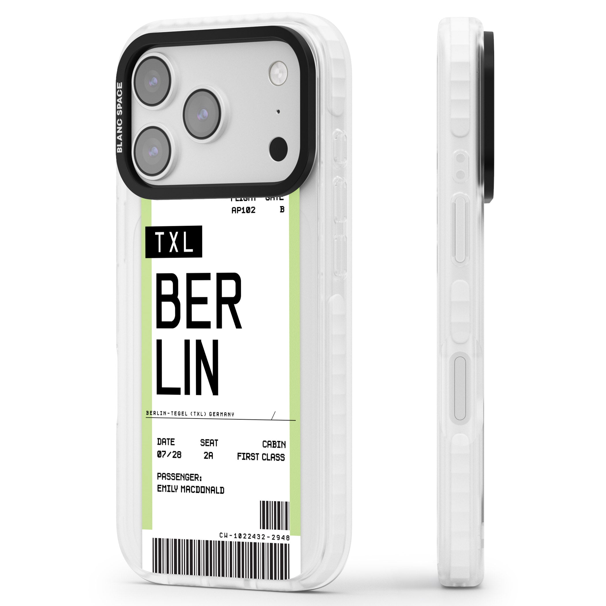 Personalised Berlin Boarding Pass iPhone 17 Pro Impact Clear Phone Case Side Profile