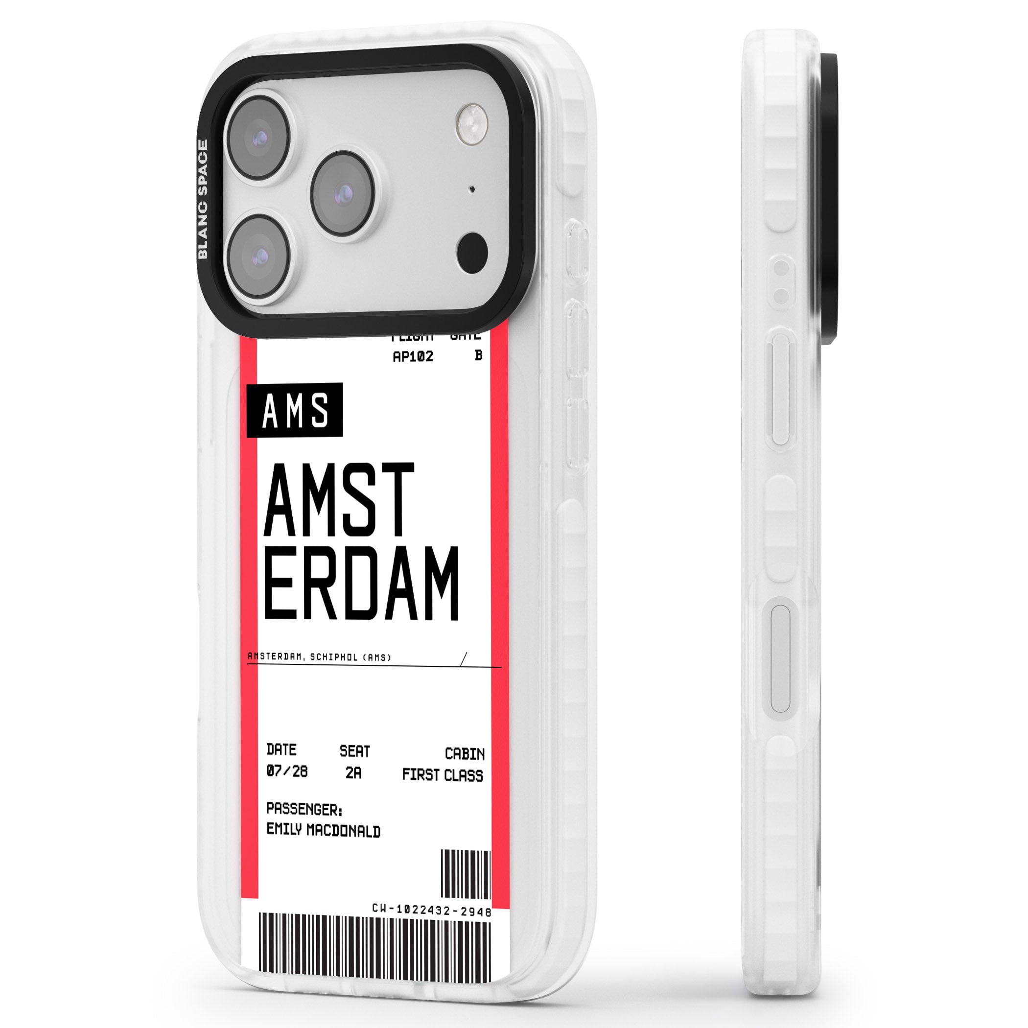 Personalised Amsterdam Boarding Pass iPhone 17 Pro Impact Clear Phone Case Side Profile