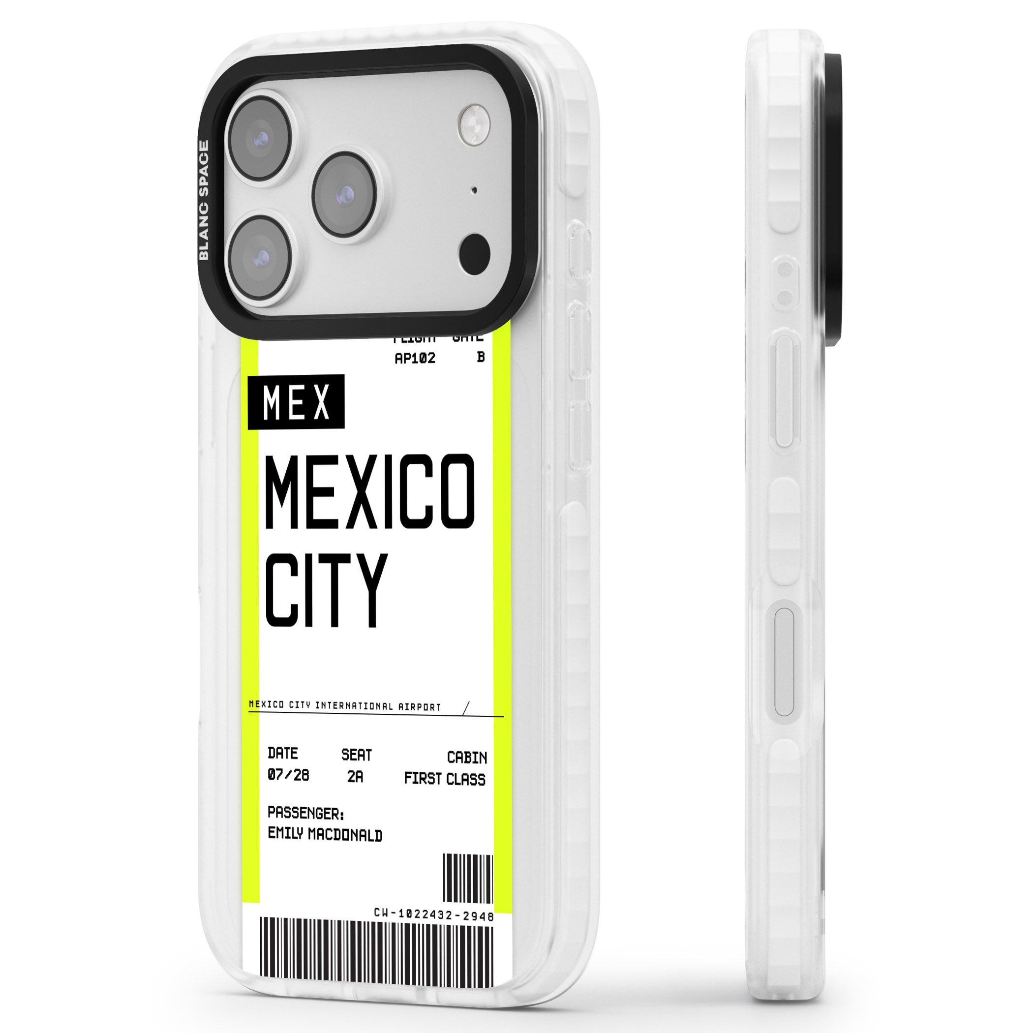 Personalised Mexico City Boarding Pass iPhone 17 Pro Impact Clear Phone Case Side Profile