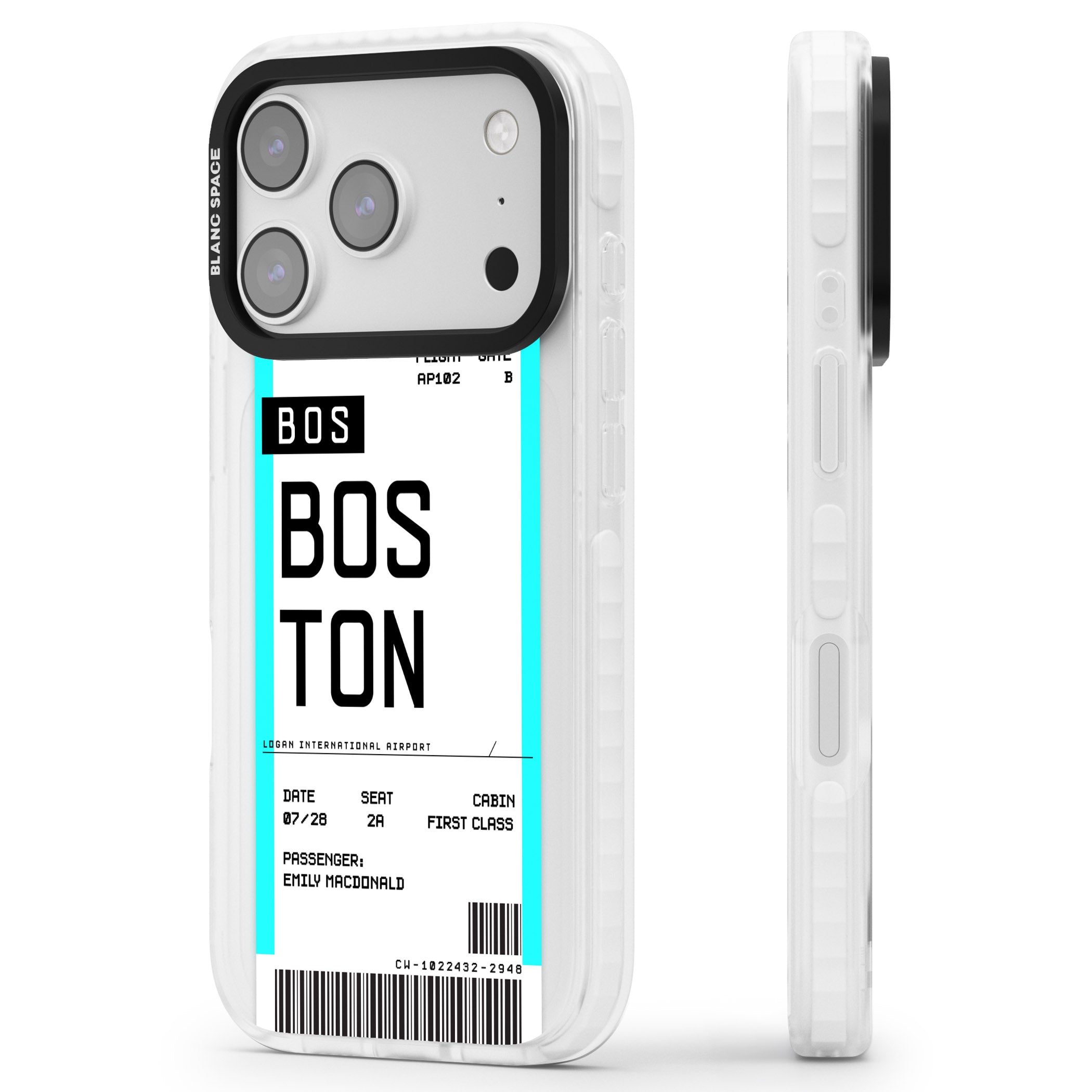 Personalised Boston Boarding Pass iPhone 17 Pro Impact Clear Phone Case Side Profile