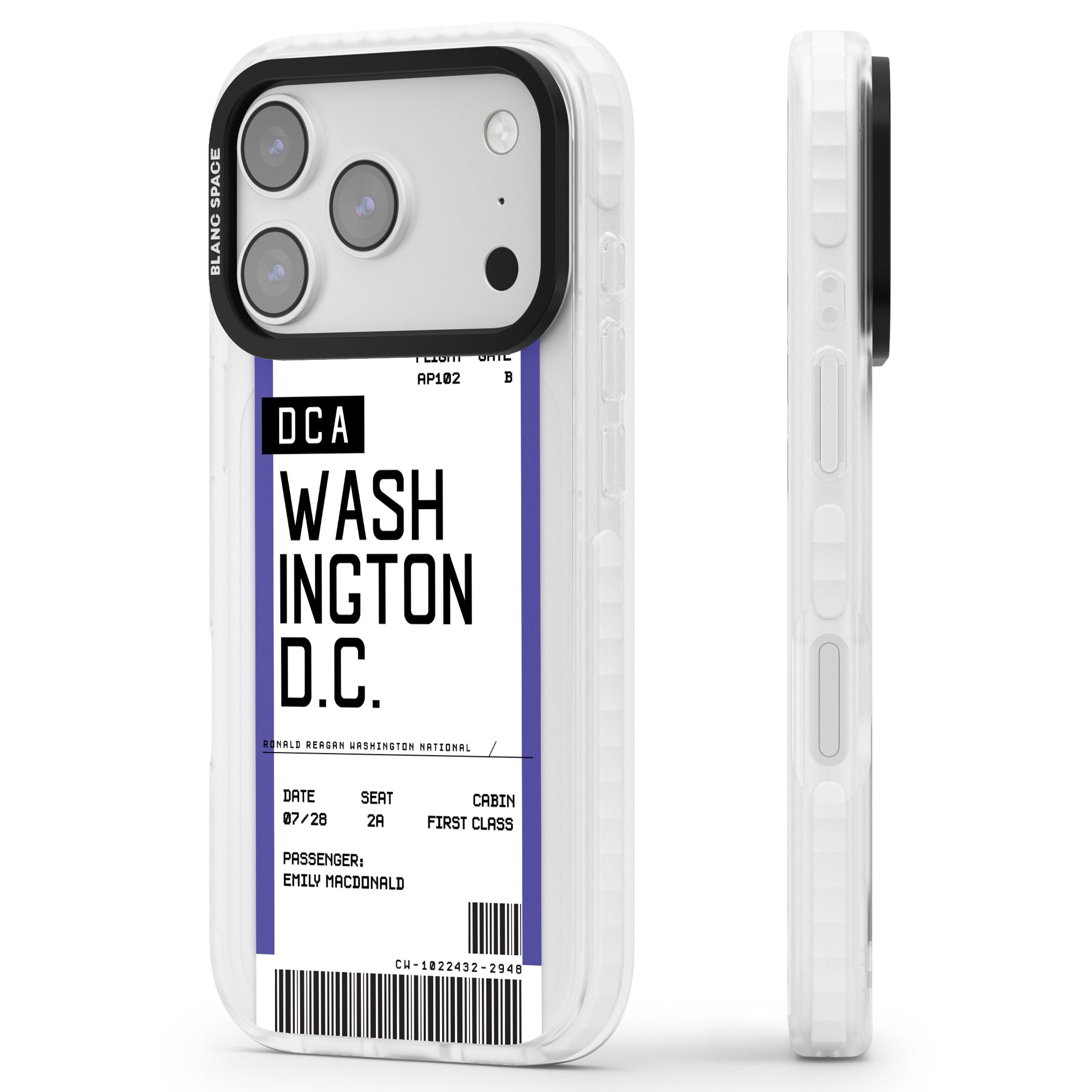 Personalised Washington D.C. Boarding Pass iPhone 17 Pro Impact Clear Phone Case Side Profile