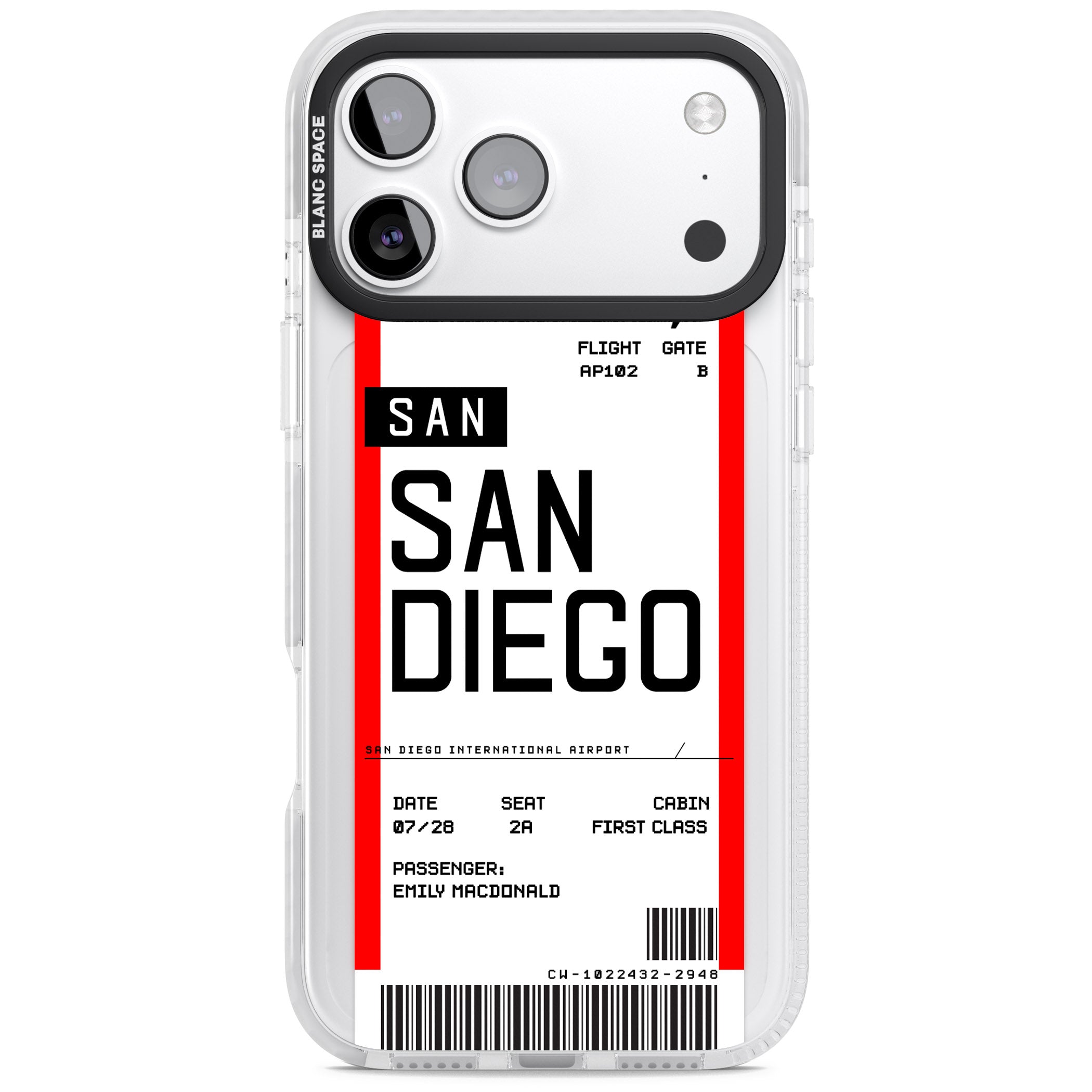 Personalised San Diego Boarding Pass iPhone 17 Pro Impact Clear Phone Case
