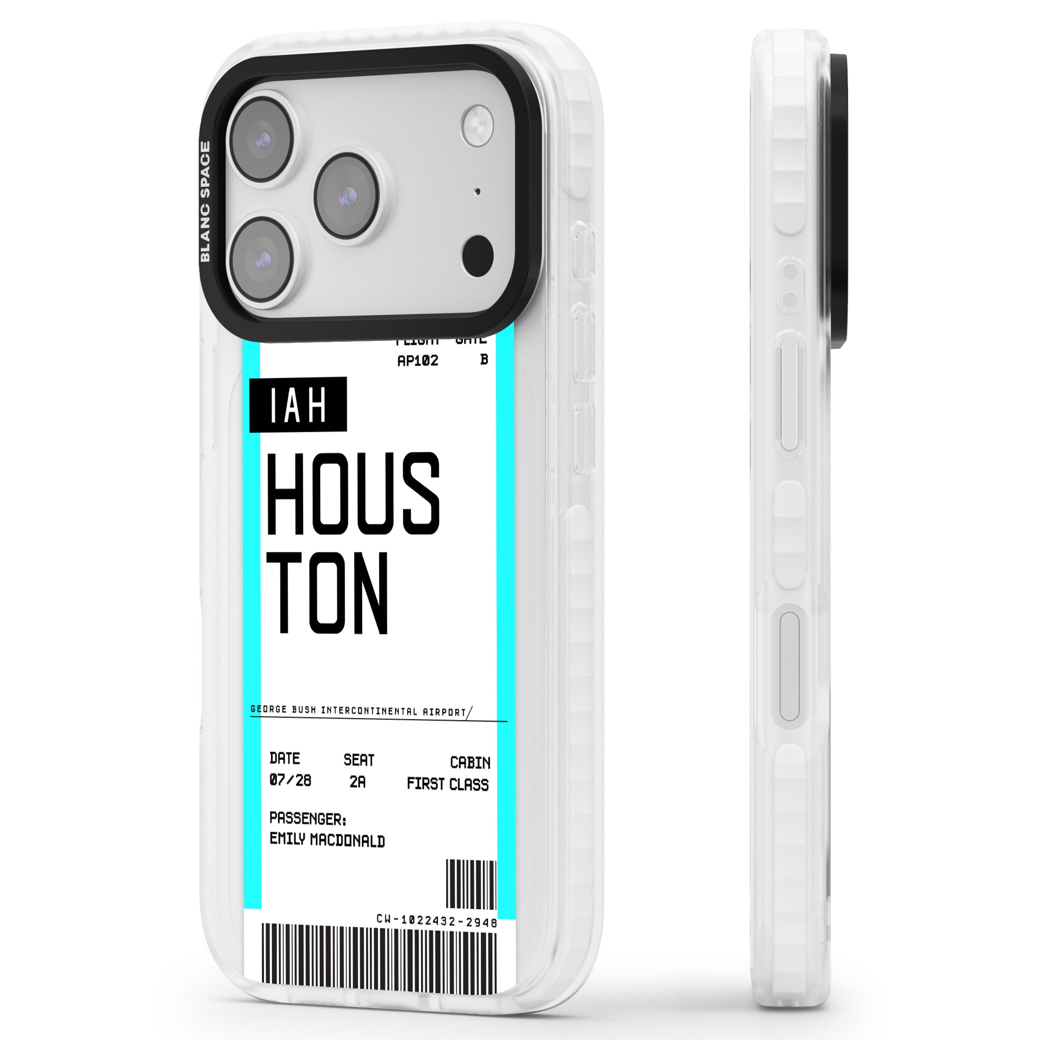 Personalised Houston Boarding Pass iPhone 17 Pro Impact Clear Phone Case Side Profile