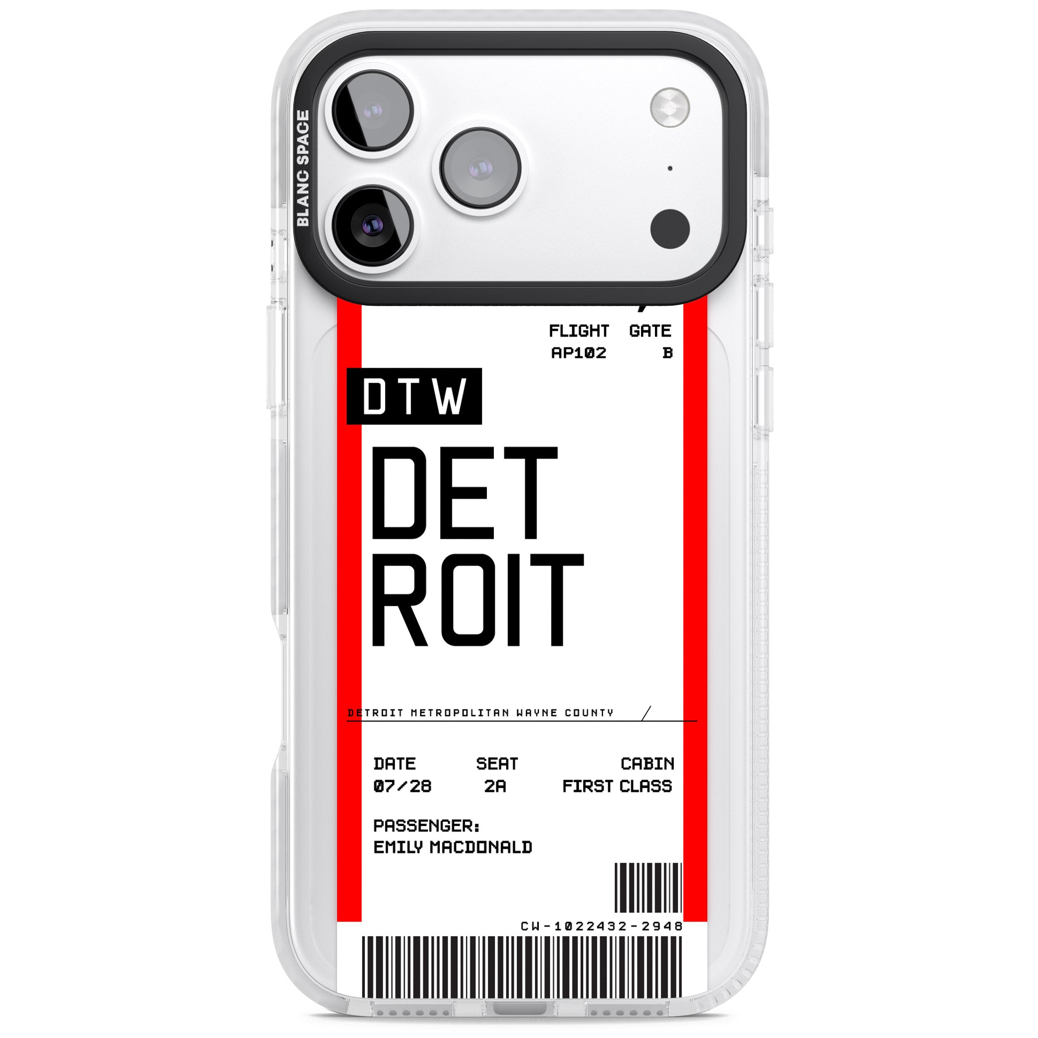 Personalised Detroit Boarding Pass iPhone 17 Pro Impact Clear Phone Case