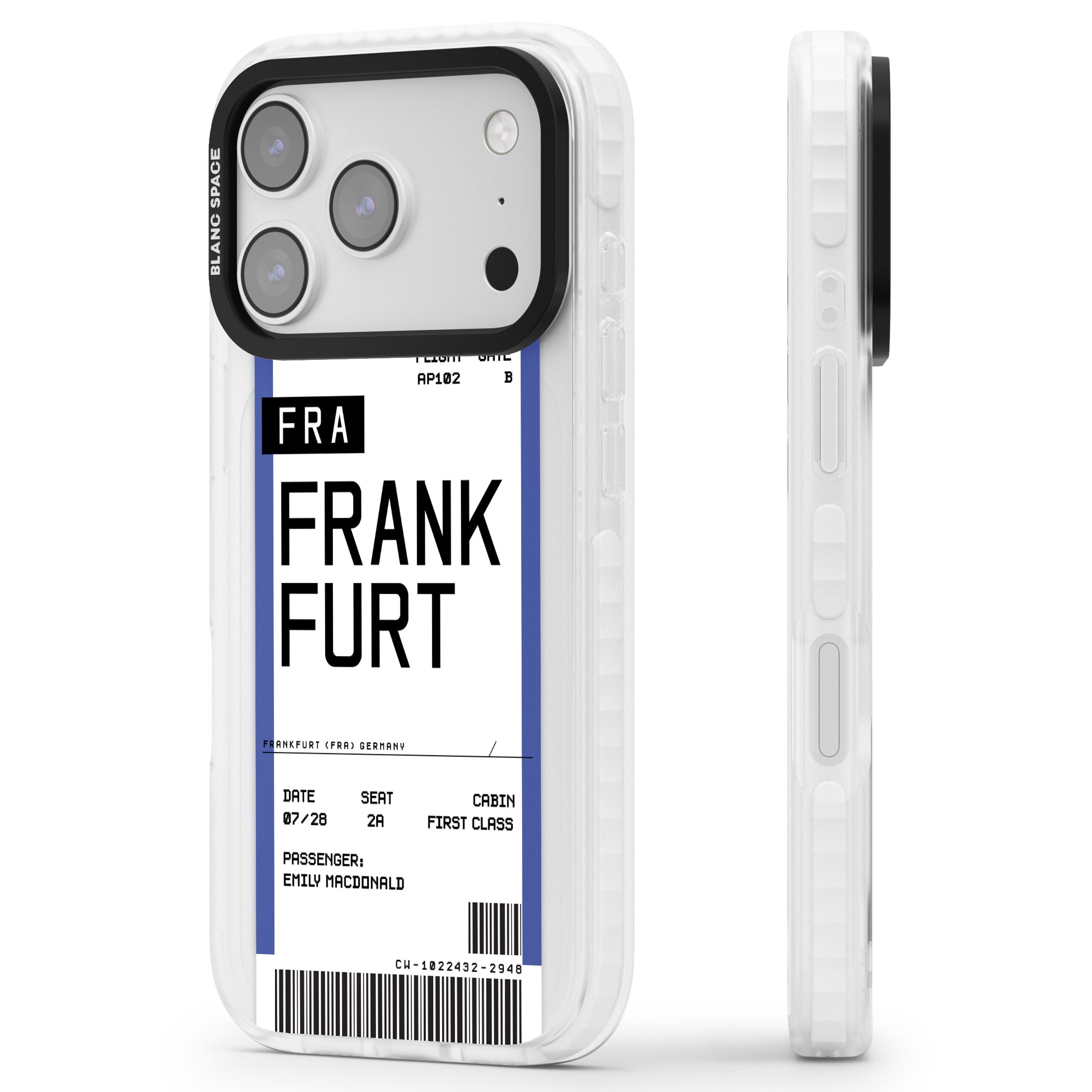 Personalised Frankfurt Boarding Pass iPhone 17 Pro Impact Clear Phone Case Side Profile