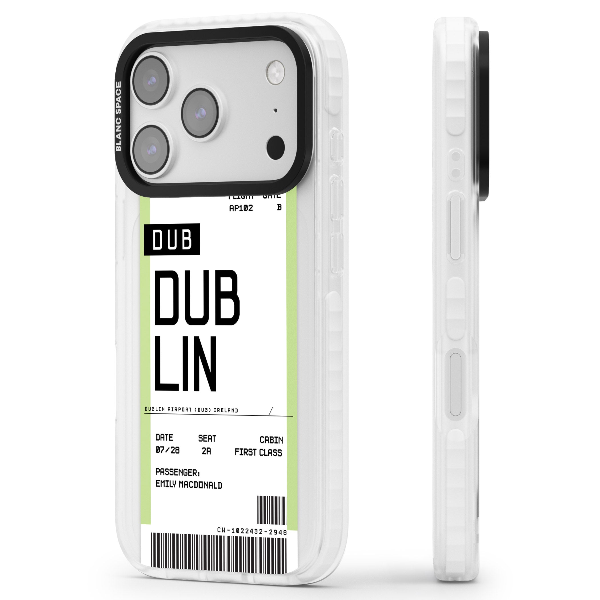 Personalised Dublin Boarding Pass iPhone 17 Pro Impact Clear Phone Case Side Profile