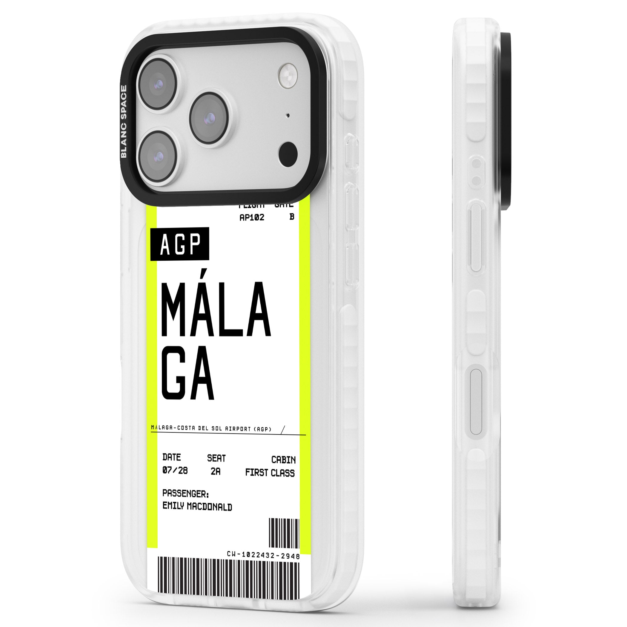 Personalised Málaga Boarding Pass iPhone 17 Pro Impact Clear Phone Case Side Profile