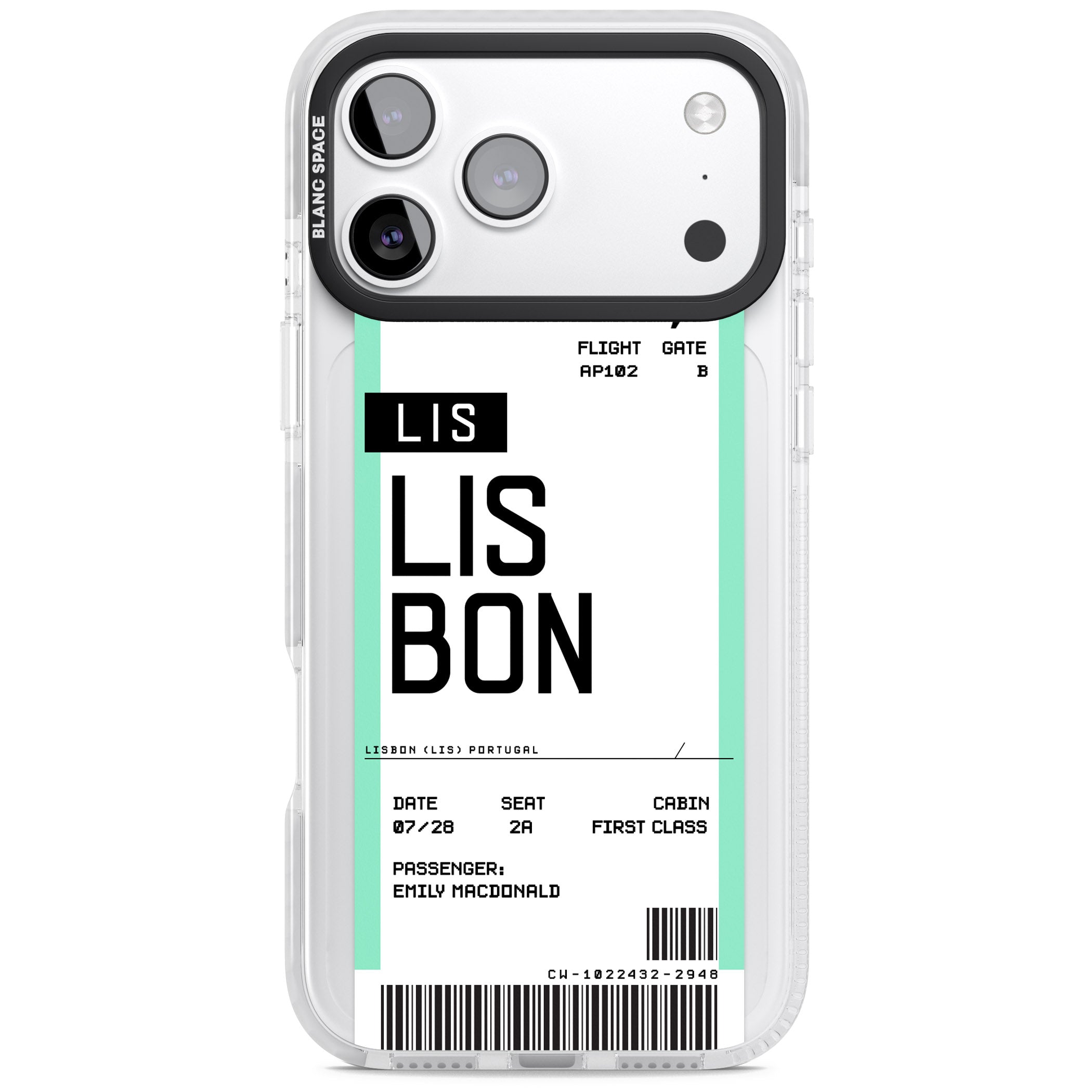 Personalised Lisbon Boarding Pass iPhone 17 Pro Impact Clear Phone Case