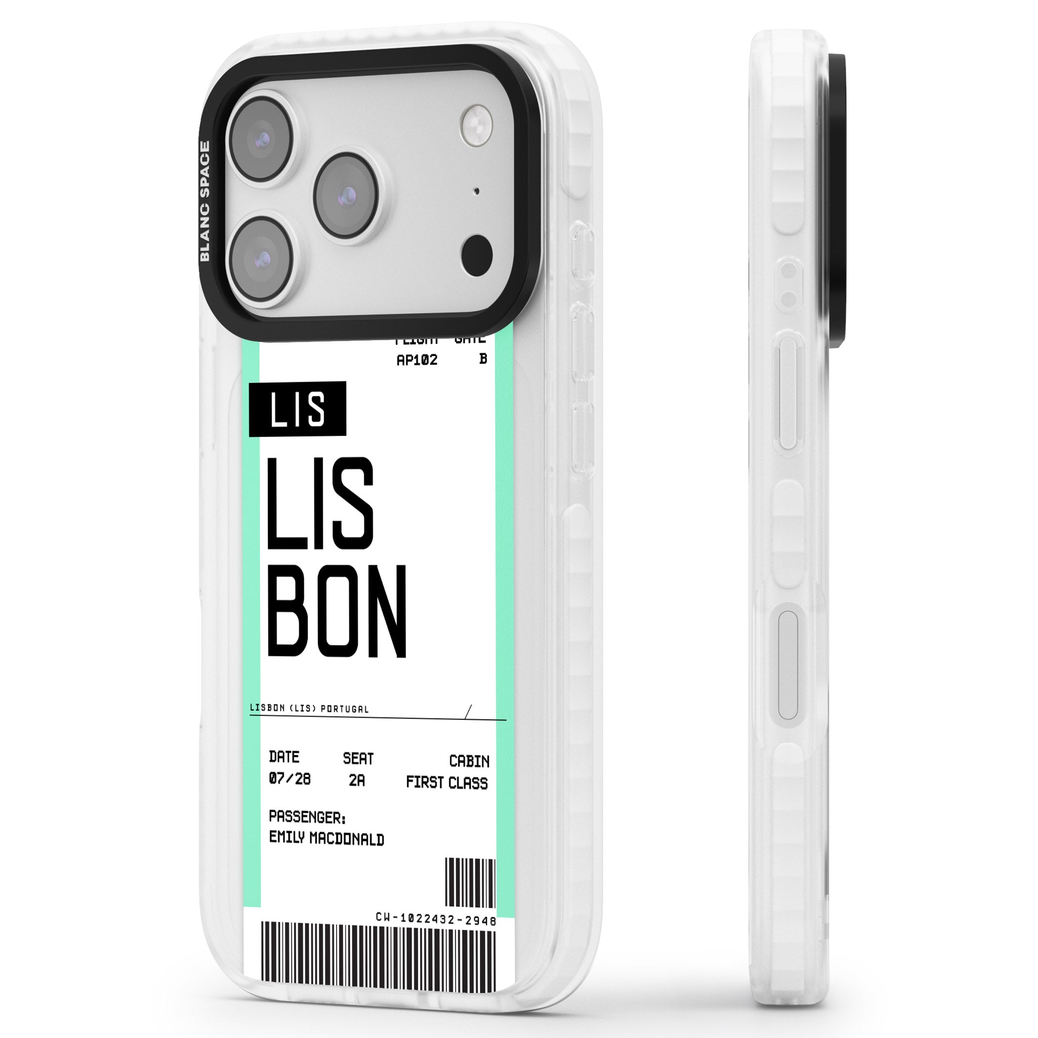 Personalised Lisbon Boarding Pass iPhone 17 Pro Impact Clear Phone Case Side Profile