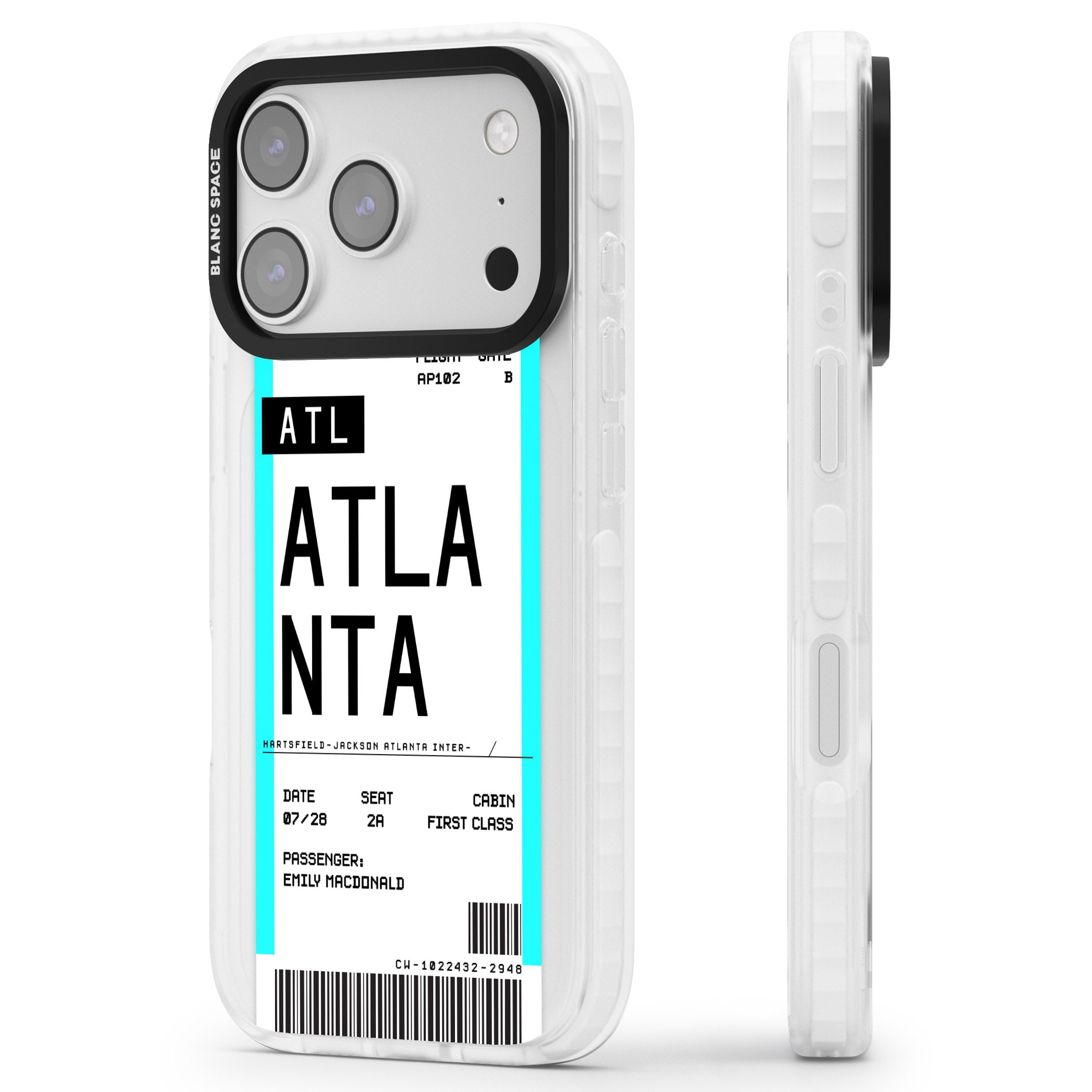Personalised Atlanta Boarding Pass iPhone 17 Pro Impact Clear Phone Case Side Profile
