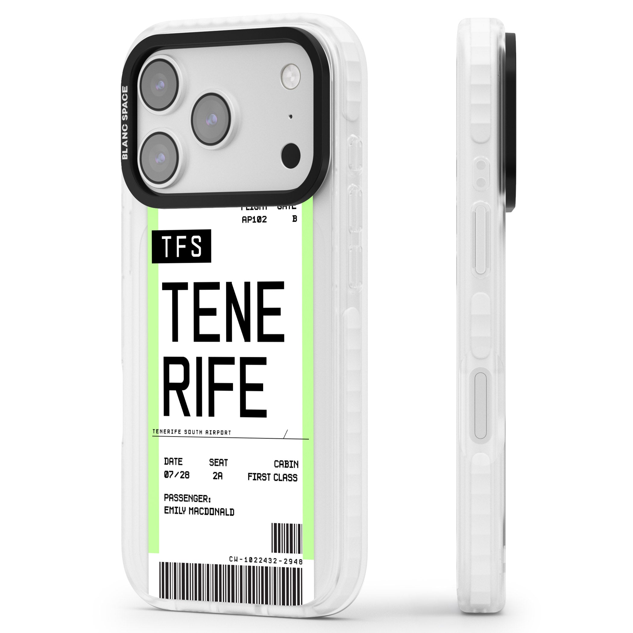 Personalised Tenerife Boarding Pass iPhone 17 Pro Impact Clear Phone Case Side Profile