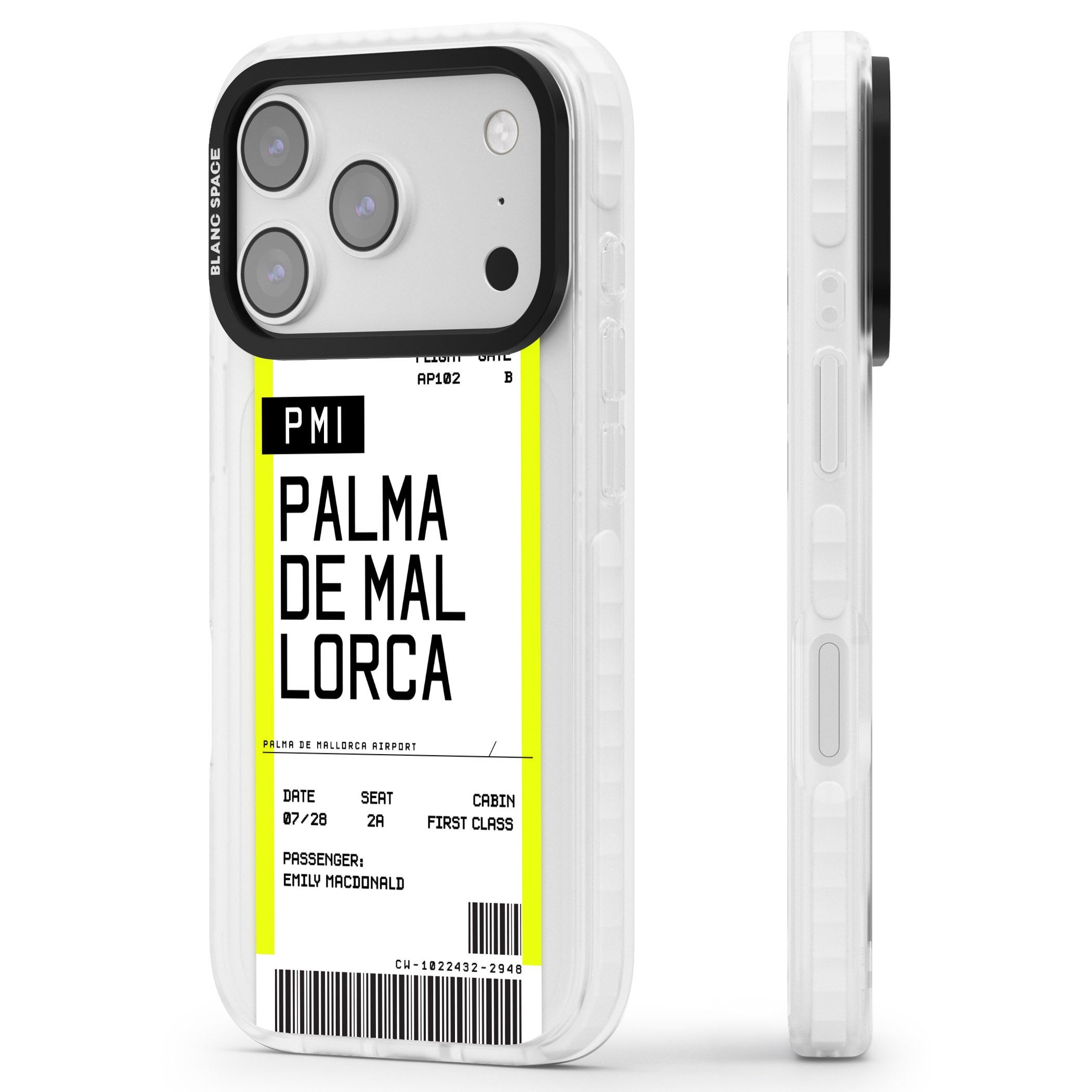 Personalised Palma De Mallorca Boarding Pass iPhone 17 Pro Impact Clear Phone Case Side Profile