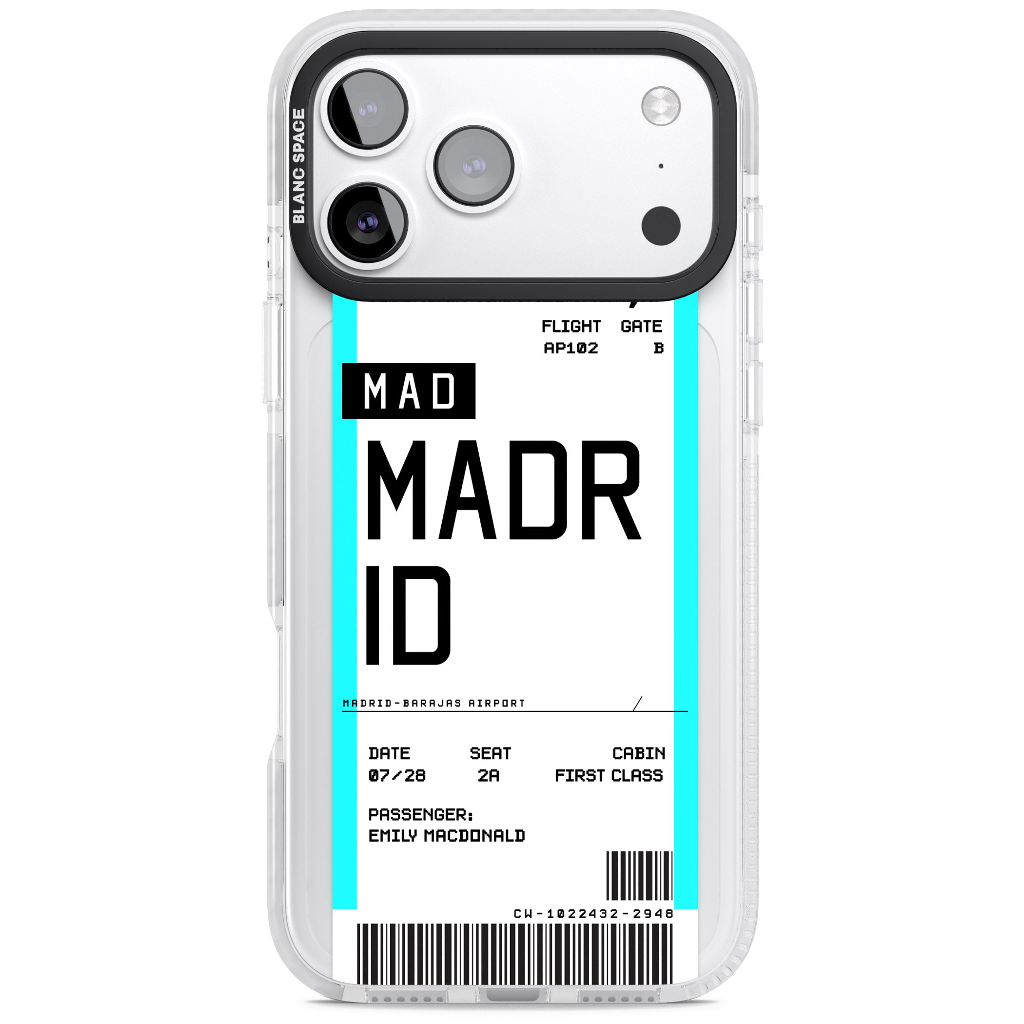 Personalised Madrid Boarding Pass iPhone 17 Pro Impact Clear Phone Case