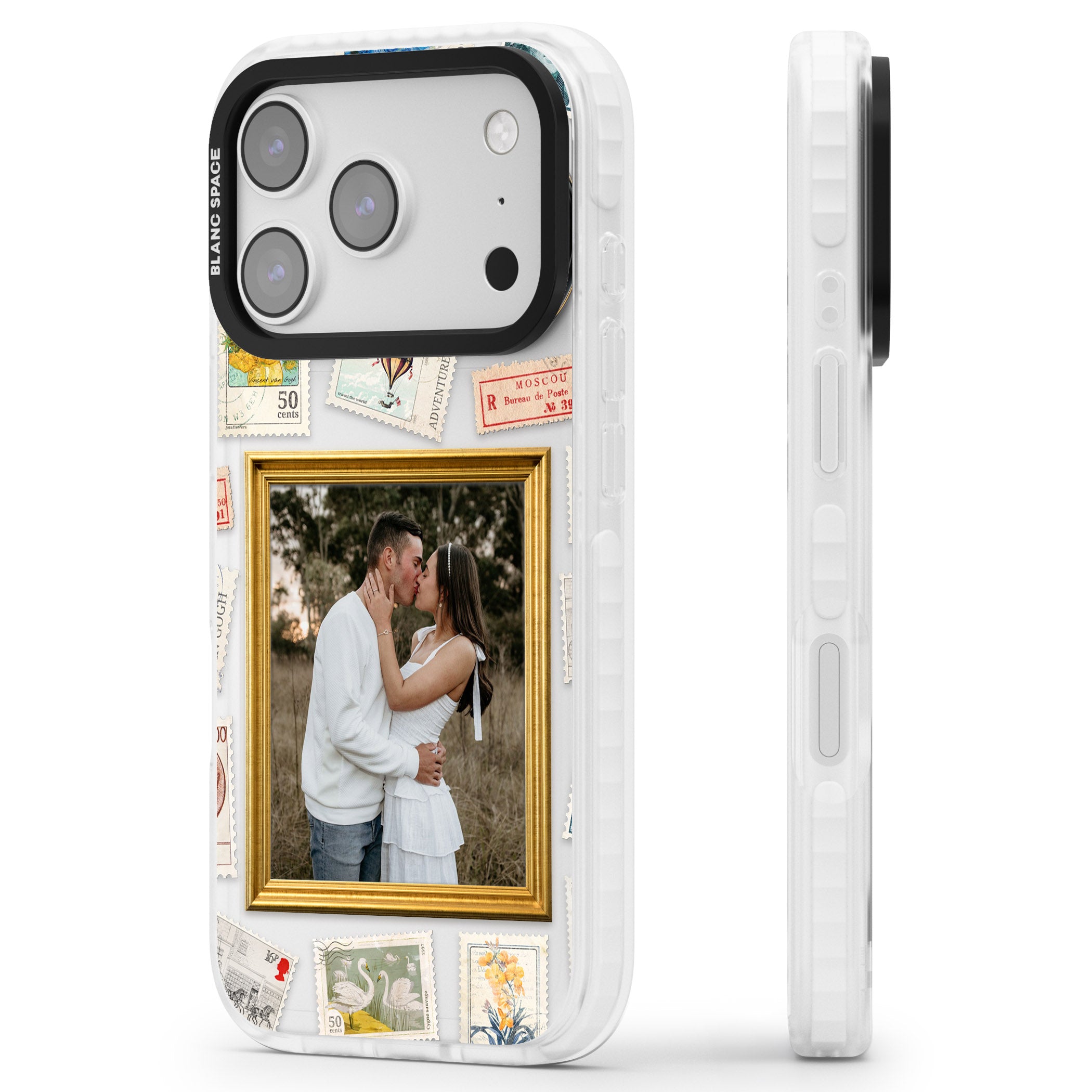 Personalised Vintage Photo Frame Collage iPhone 17 Pro Impact Clear Phone Case Side Profile