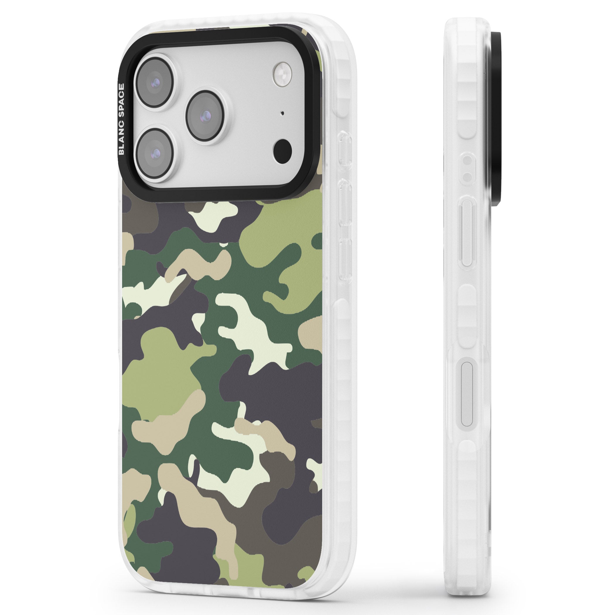 Green Camo iPhone 17 Pro Impact Clear Phone Case Side Profile