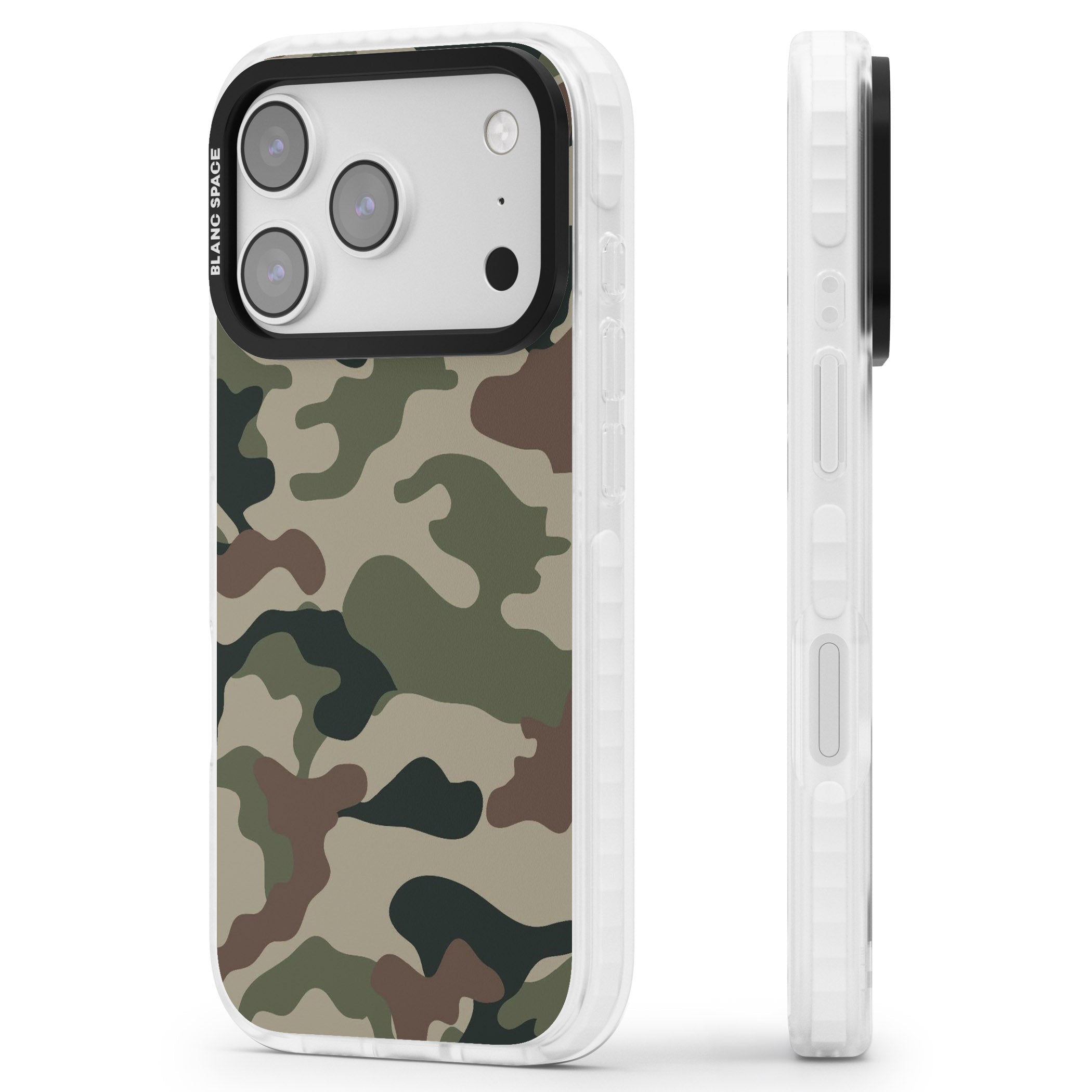 Woodland British Camo iPhone 17 Pro Impact Clear Phone Case Side Profile
