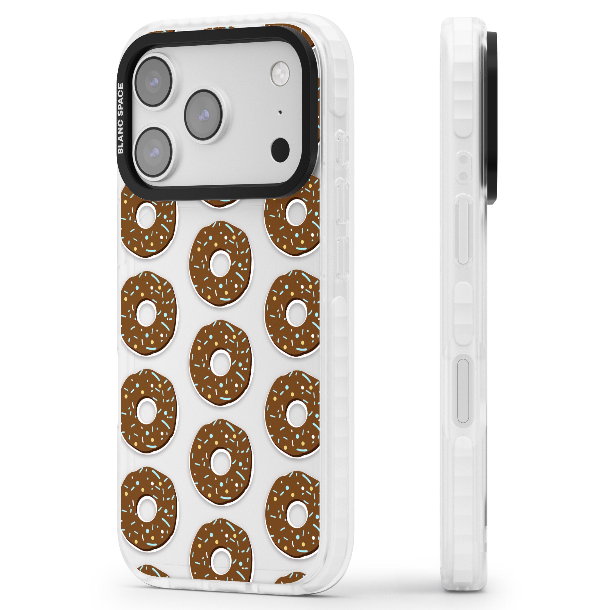 Chocolate Donut Pattern iPhone 17 Pro Impact Clear Phone Case Side Profile