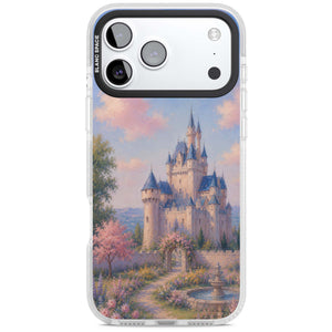 Enchanted Kingdom fairytale iPhone case featuring a romantic castle painting with cherry blossoms and pastel pink sky | Black Impact case for iPhone 17 Pro, iPhone 17 Pro Max