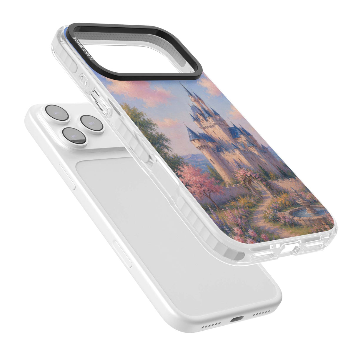 Enchanted Kingdom fairytale iPhone case featuring a romantic castle painting with cherry blossoms and pastel pink sky | Black Impact case for iPhone 17 Pro, iPhone 17 Pro Max