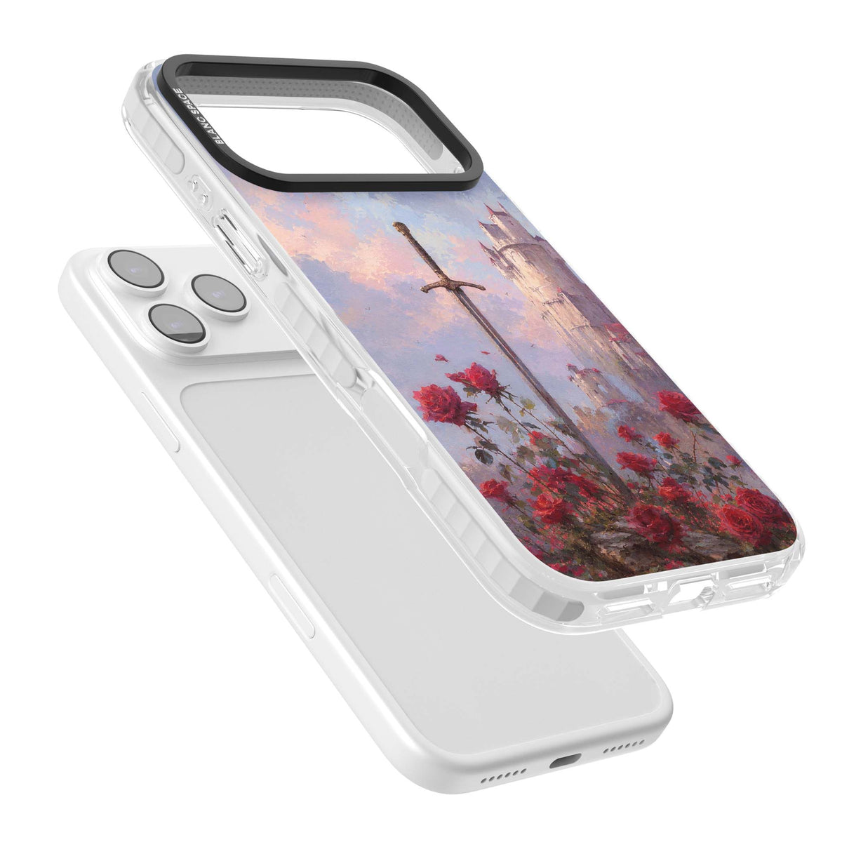 Sword in Roses medieval art iPhone case featuring a sword, red roses, and a misty fairytale castle at sunset | Black Impact case for iPhone 17 Pro, iPhone 17 Pro Max