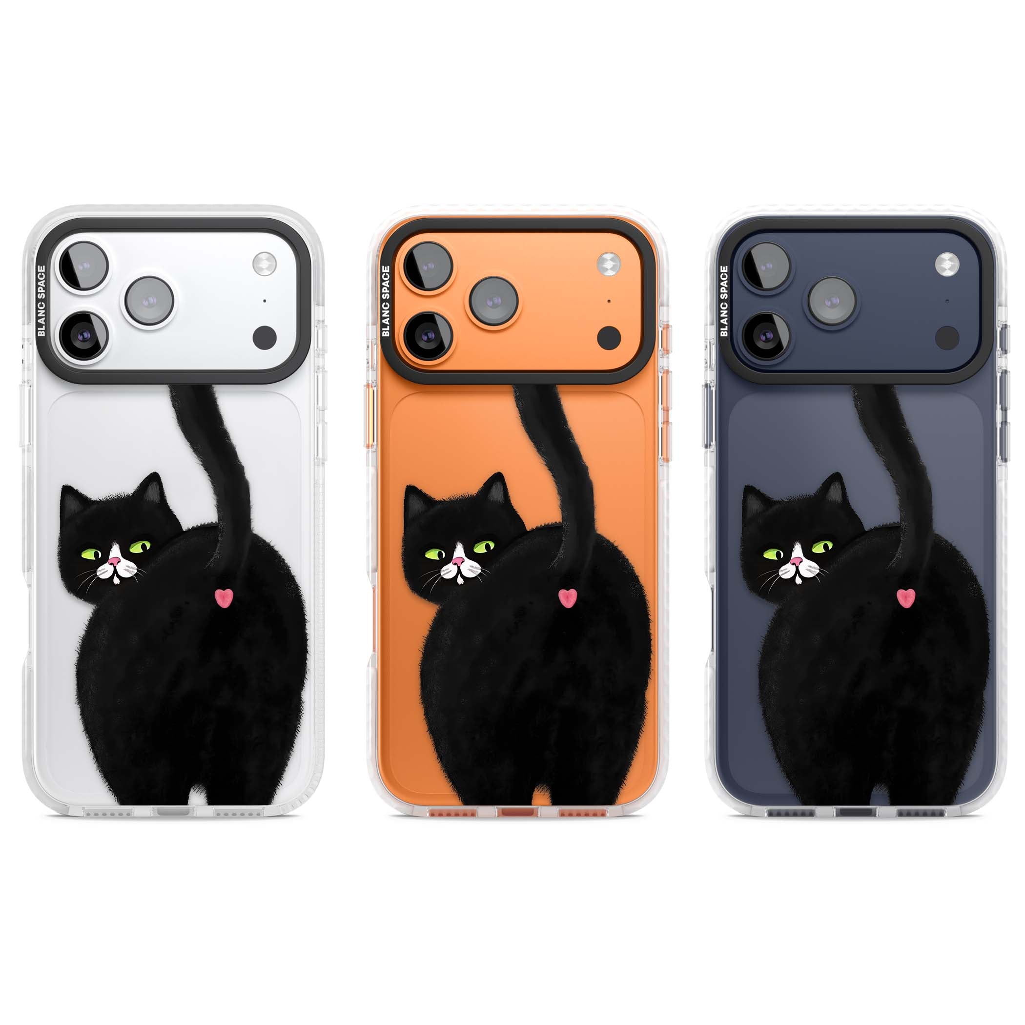 The Cat's Kiss cute cat iPhone case featuring a hand-painted tuxedo kitty with green eyes and a pink heart on a clear  | Black Impact case for iPhone 17 Pro, iPhone 17 Pro Max