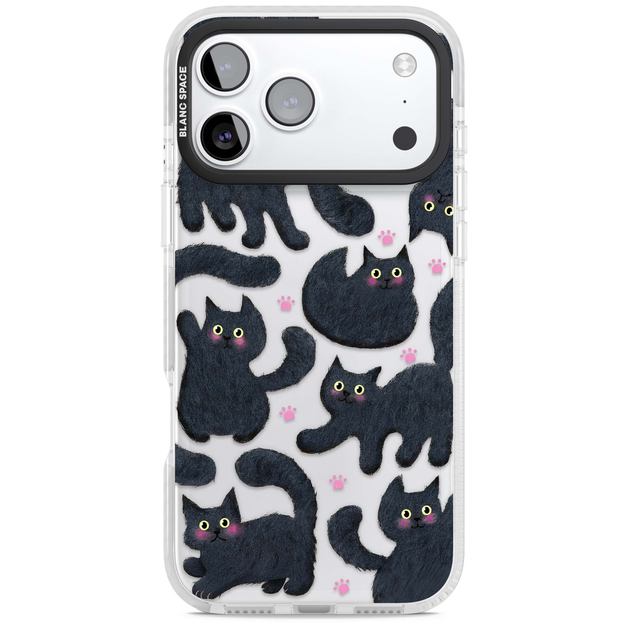 Midnight Cats cute iPhone case featuring black cat pattern with yellow eyes and pink paw prints | Black Impact case for iPhone 17 Pro, iPhone 17 Pro Max
