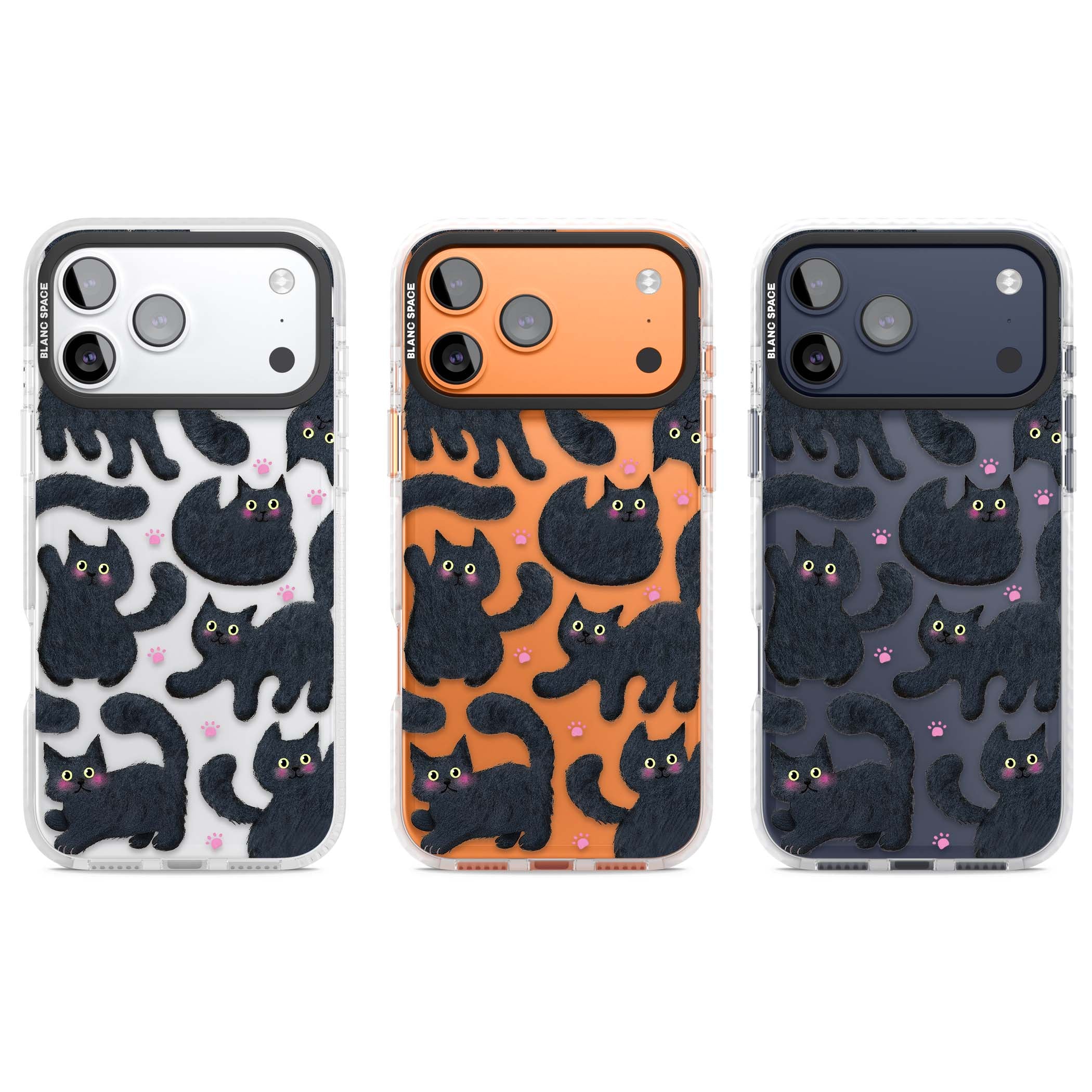 Midnight Cats cute iPhone case featuring black cat pattern with yellow eyes and pink paw prints | Black Impact case for iPhone 17 Pro, iPhone 17 Pro Max