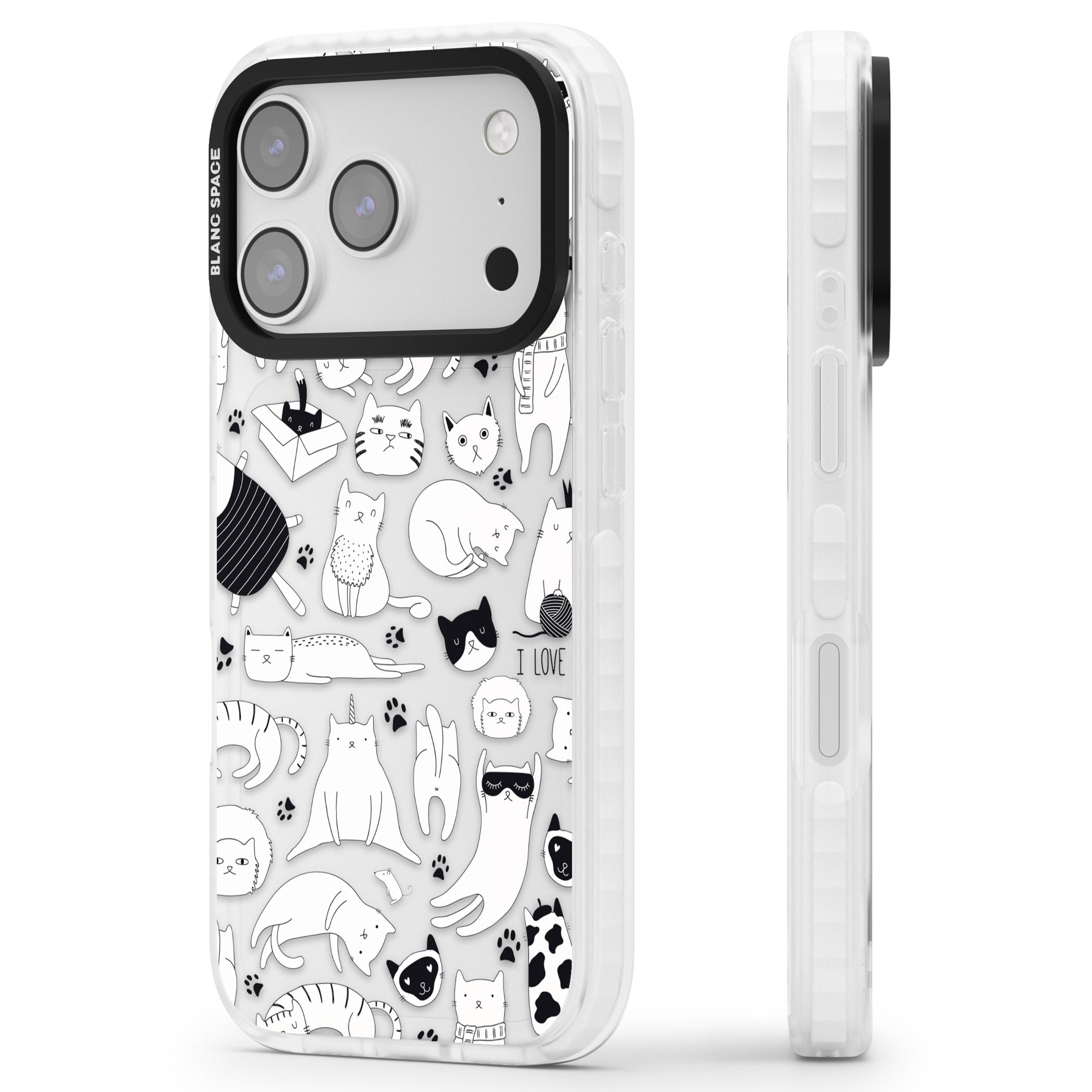Cartoon Cat Collage Black & White iPhone 17 Pro Impact Clear Phone Case Side Profile