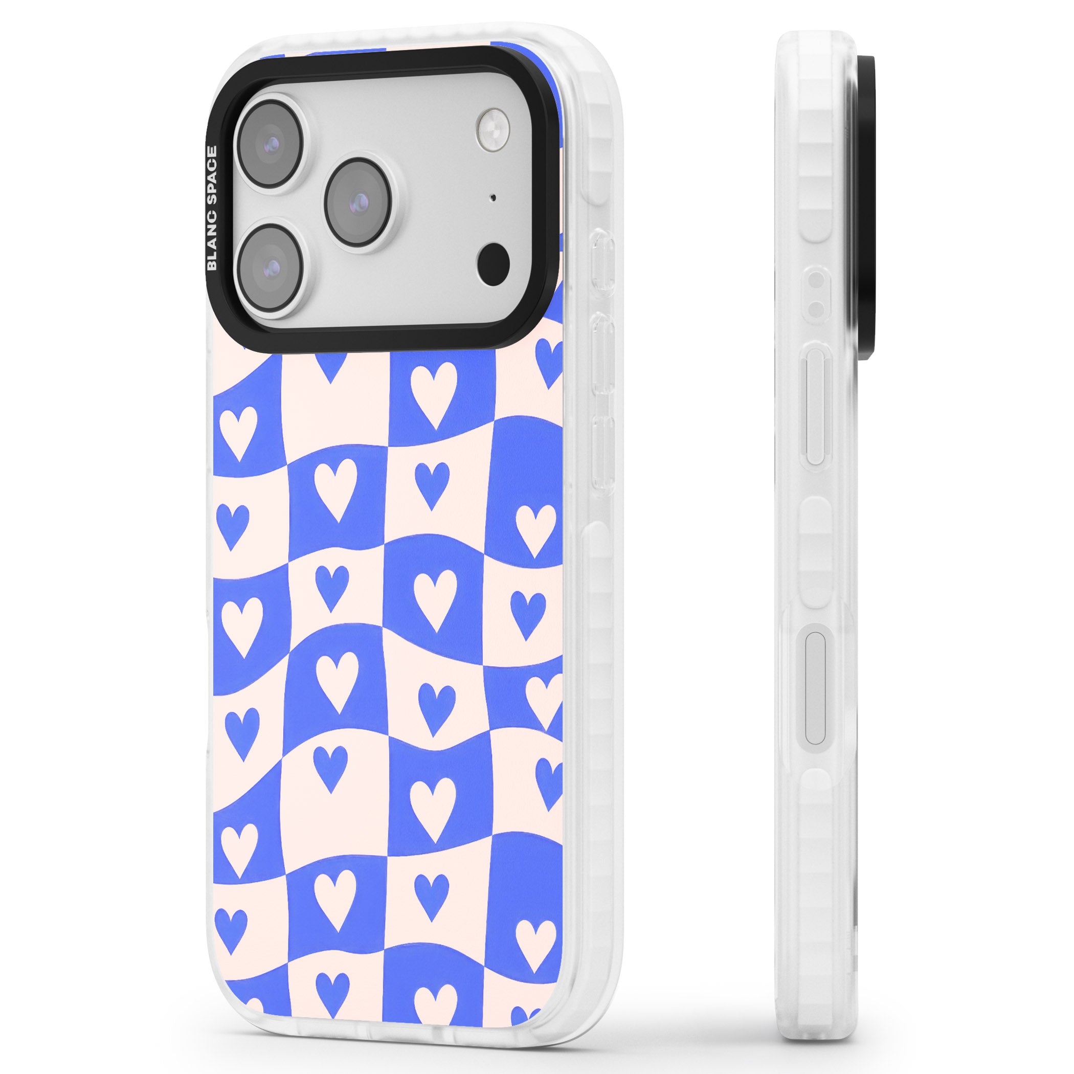 Blue Wavy Checked Hearts iPhone 17 Pro Impact Clear Phone Case Side Profile