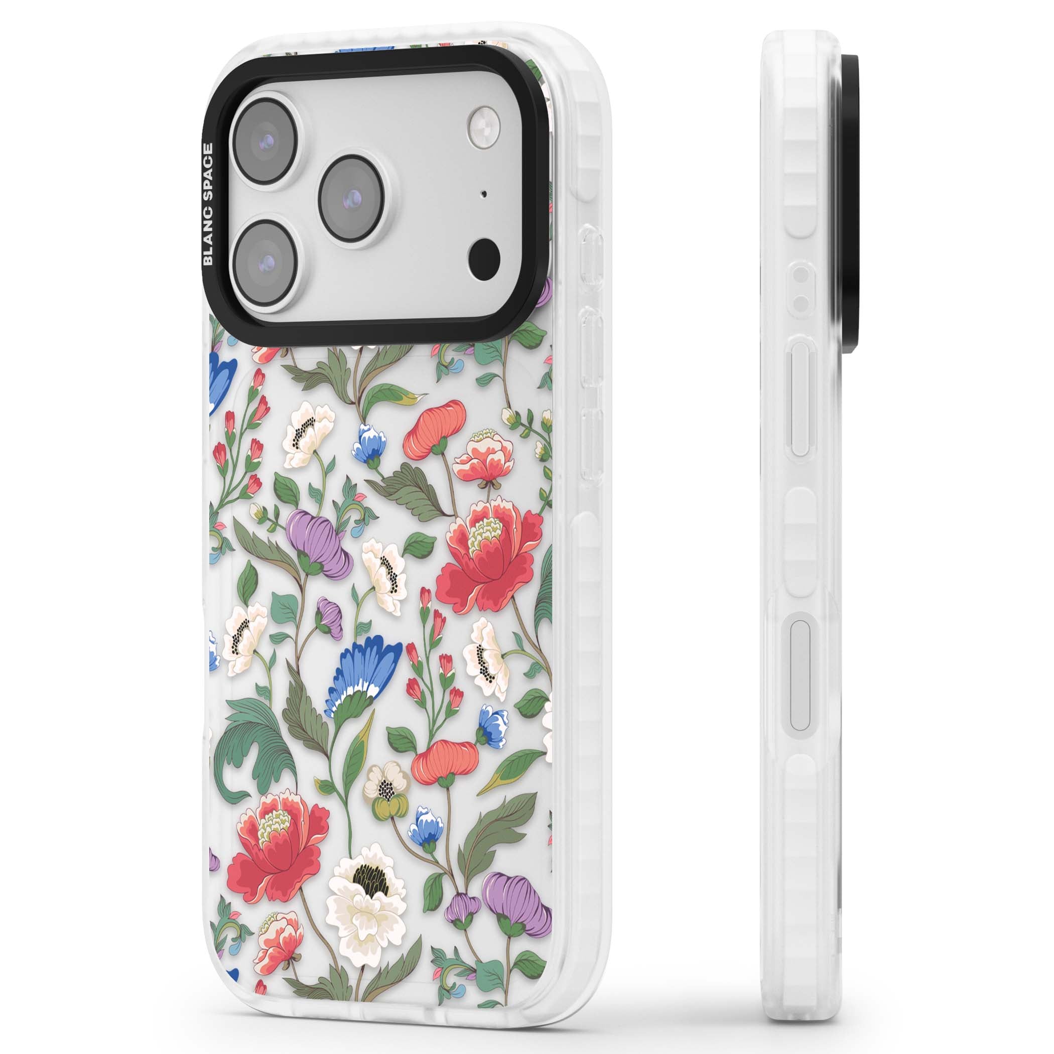 Chinoiserie Bloom vintage floral iPhone case featuring hand-painted peonies, poppies and trailing wildflowers on clear... | Black Impact case for iPhone 17 Pro, iPhone 17 Pro Max